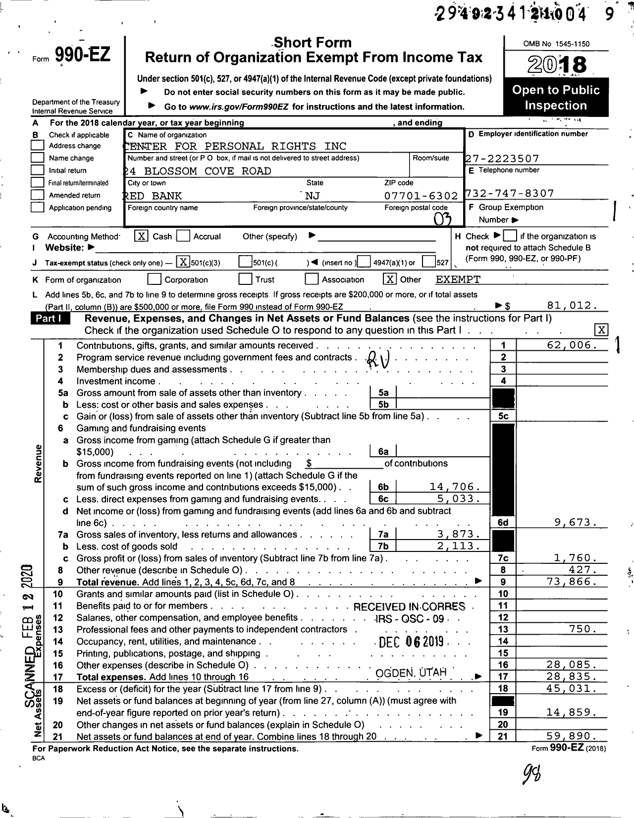 Image of first page of 2018 Form 990EZ for Center for Personal Rights