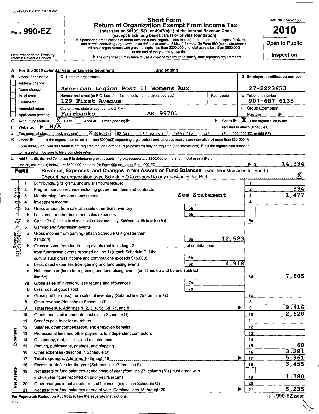 Image of first page of 2010 Form 990EZ for American Legion Auxiliary - 0011 Dorman H Baker