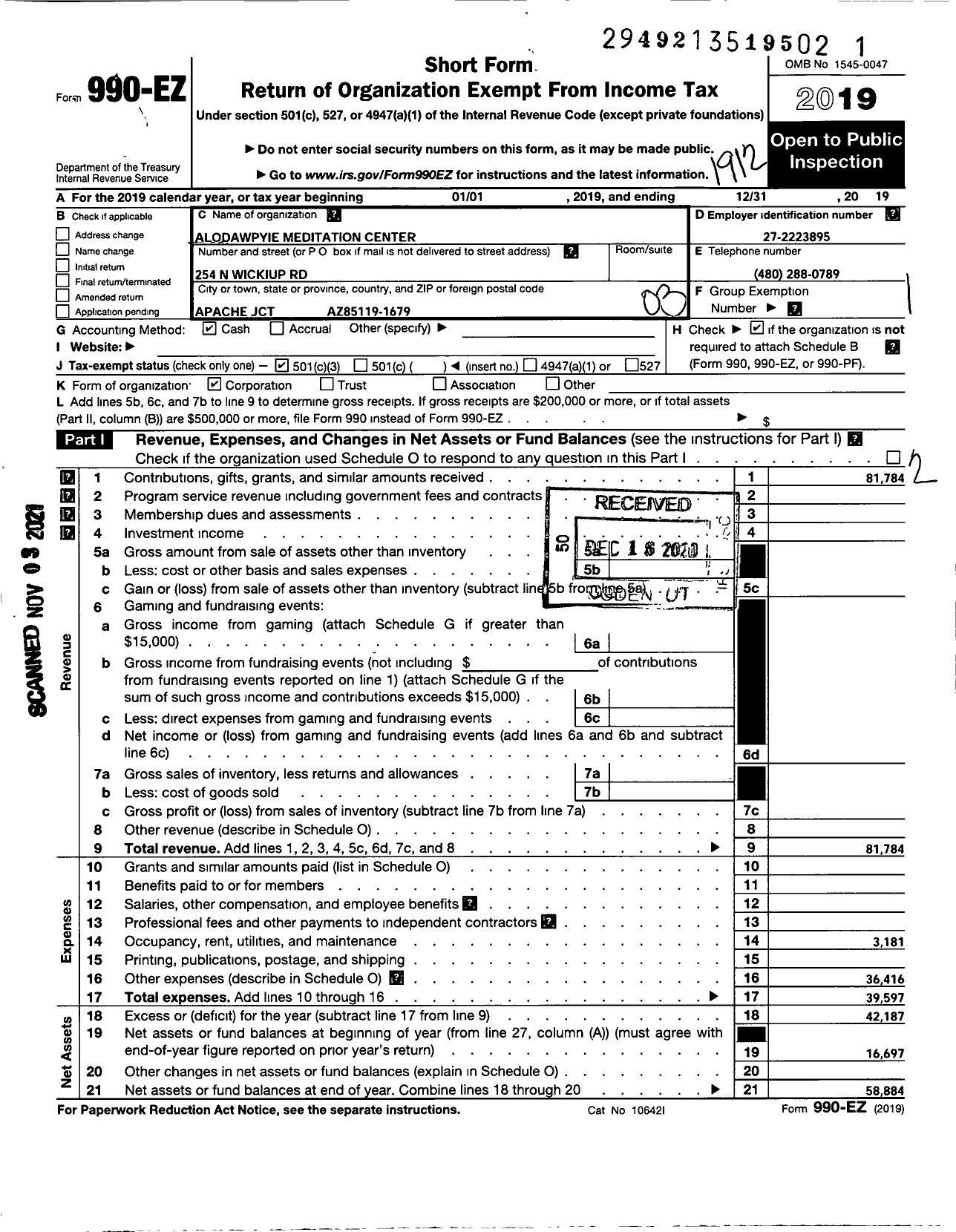 Image of first page of 2019 Form 990EZ for Alodawpyie Meditation Center