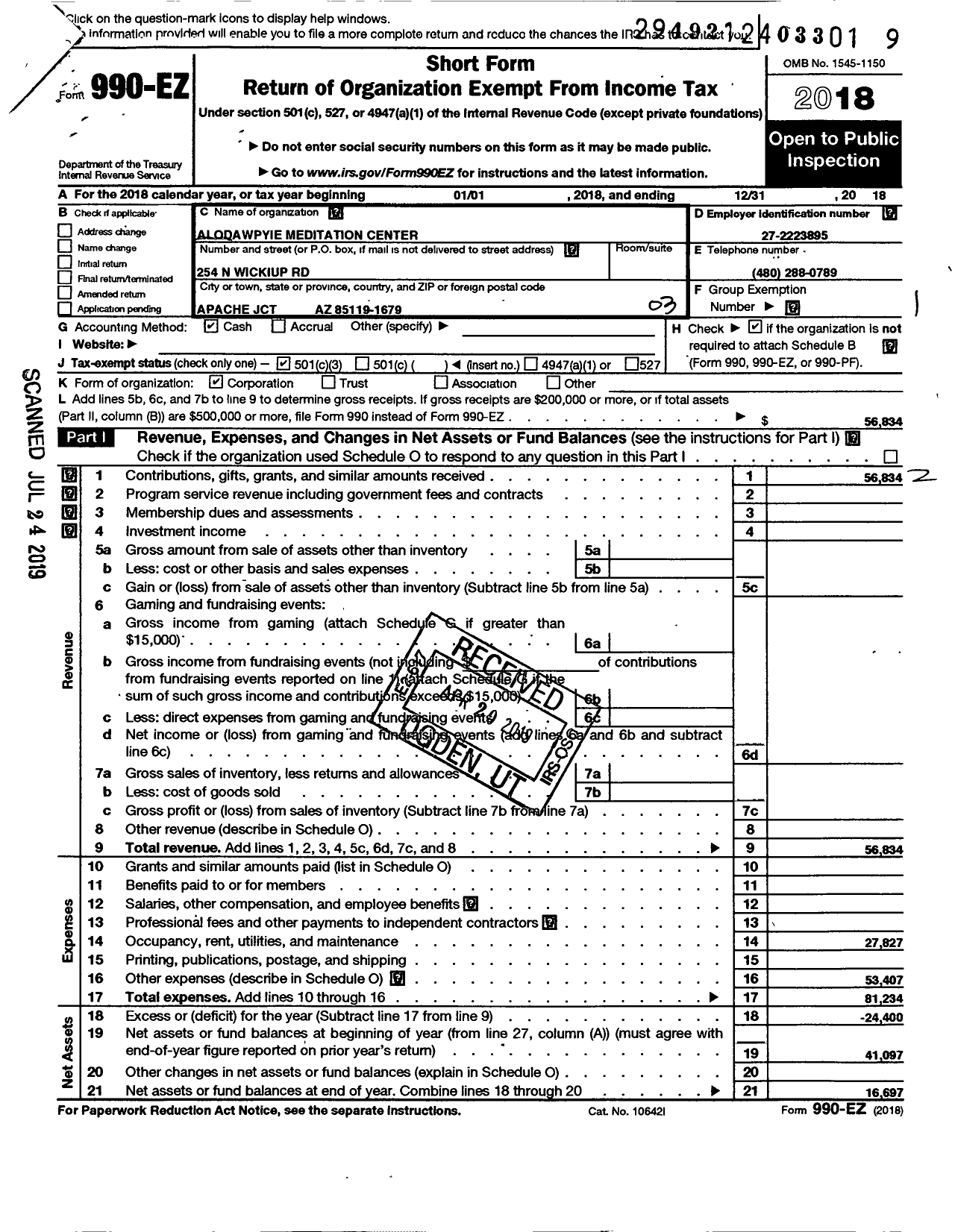 Image of first page of 2018 Form 990EZ for Alodawpyie Meditation Center