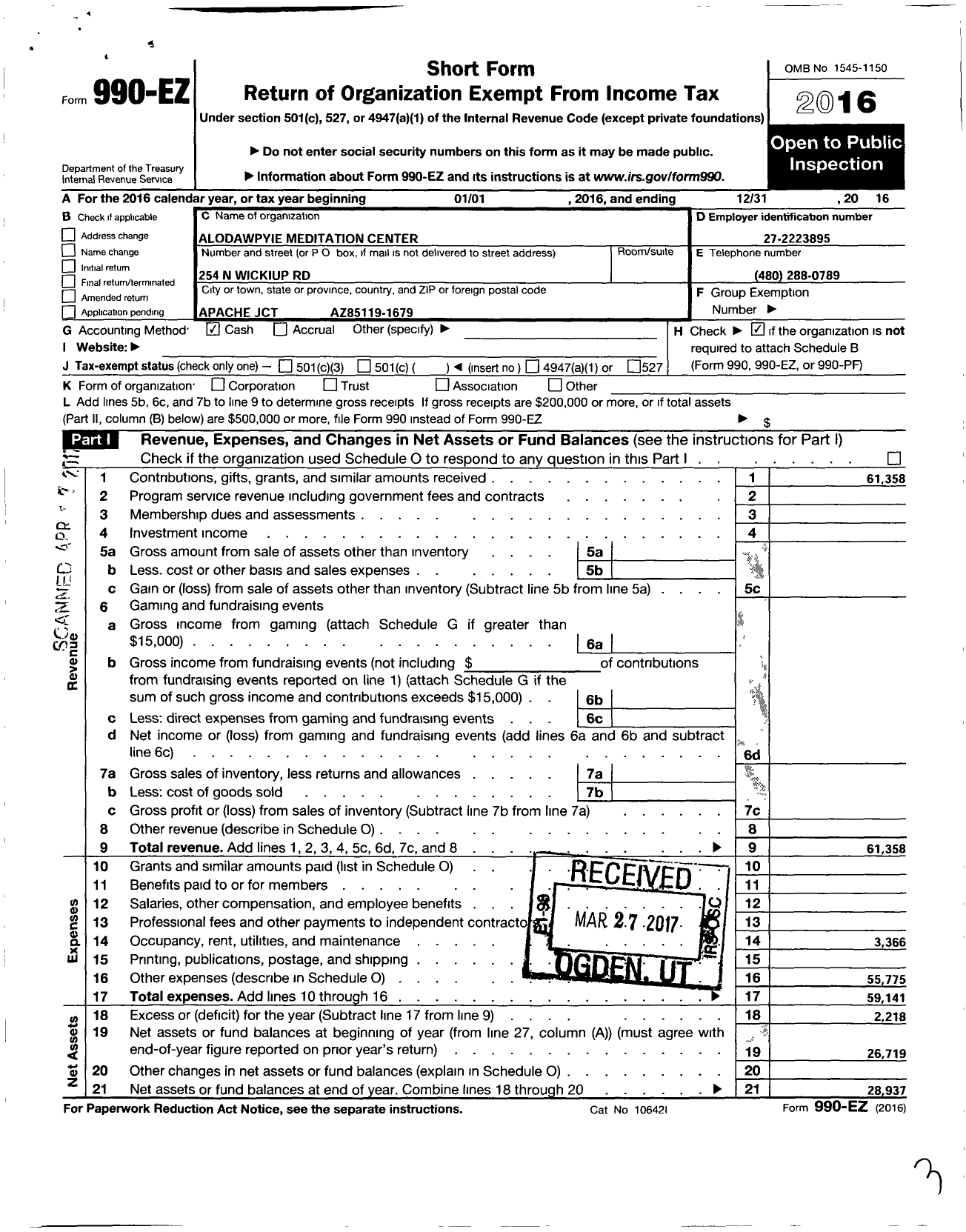 Image of first page of 2016 Form 990EO for Alodawpyie Meditation Center