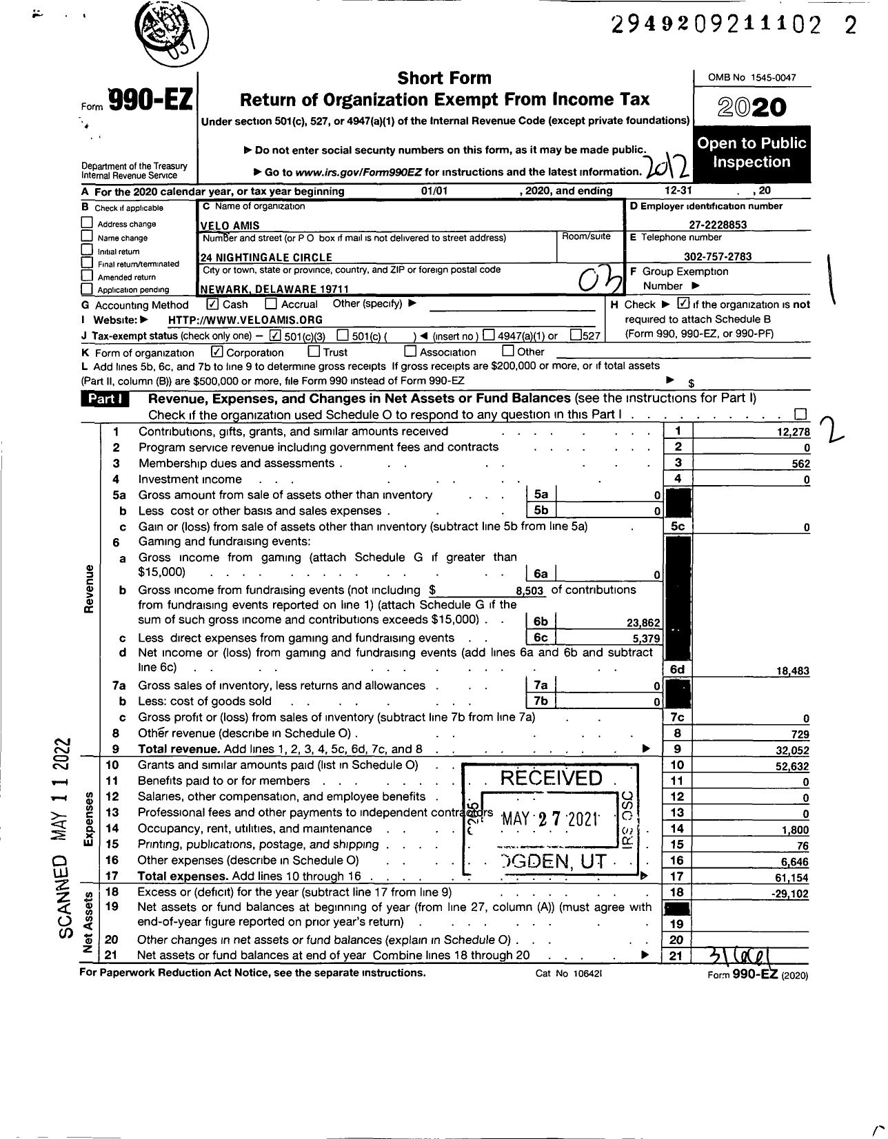 Image of first page of 2020 Form 990EZ for Velo Amis