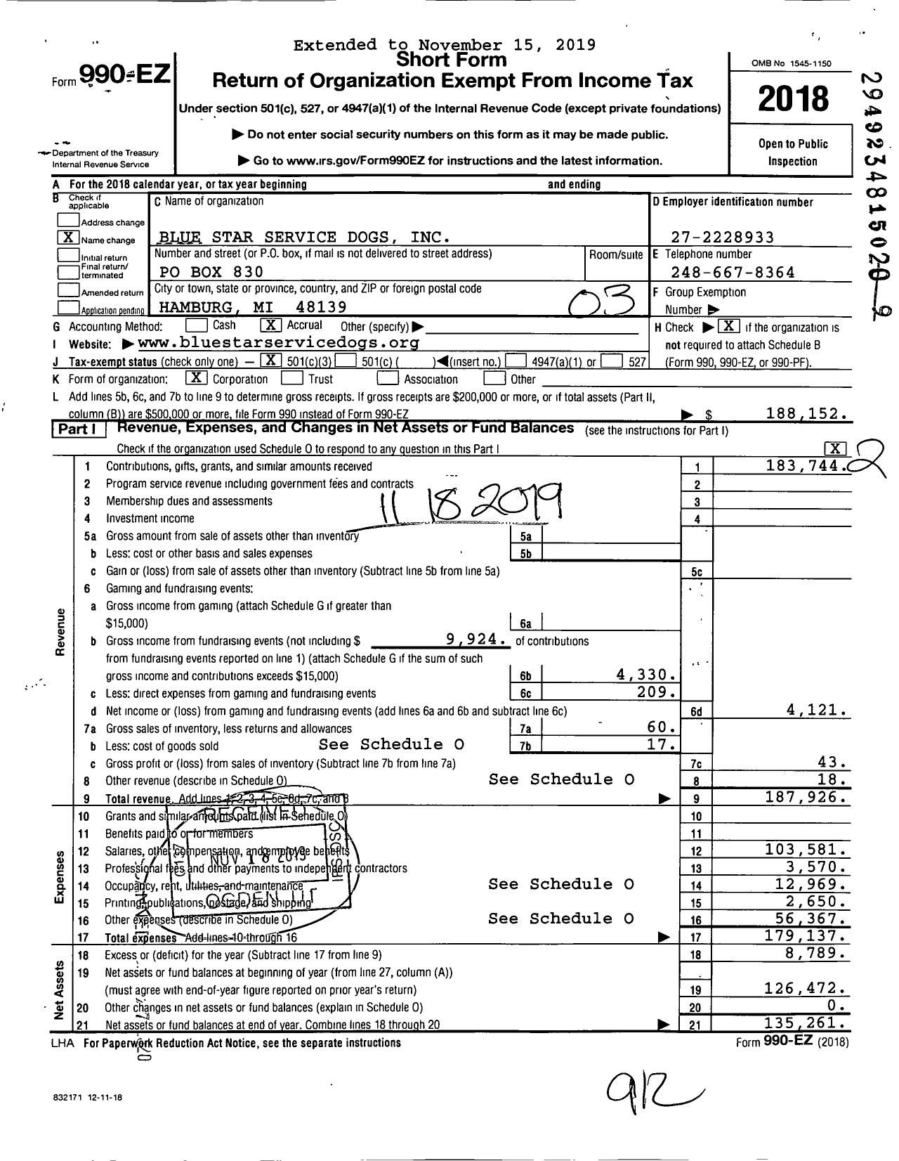 Image of first page of 2018 Form 990EZ for Blue Star Service Dogs