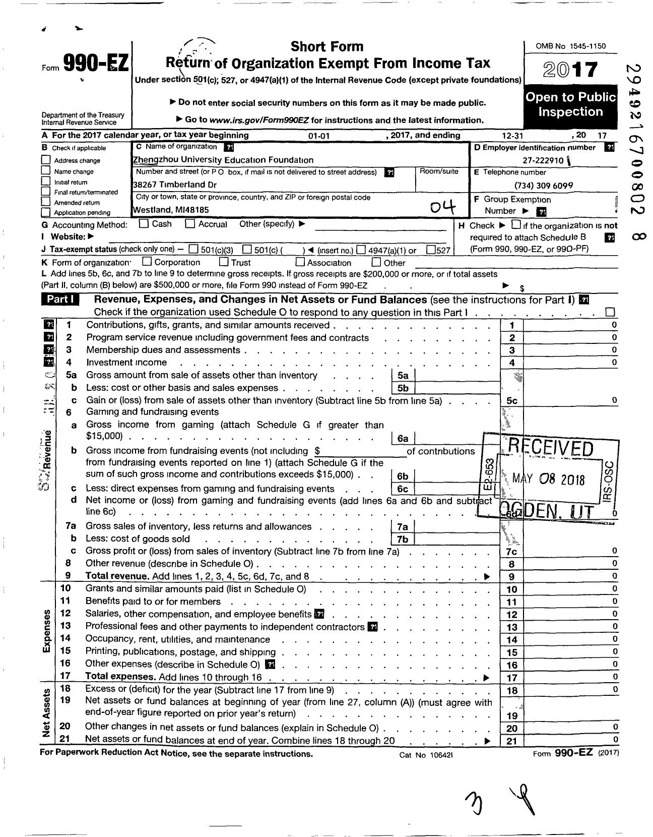 Image of first page of 2017 Form 990EO for Zhengzhou University Education Foundation