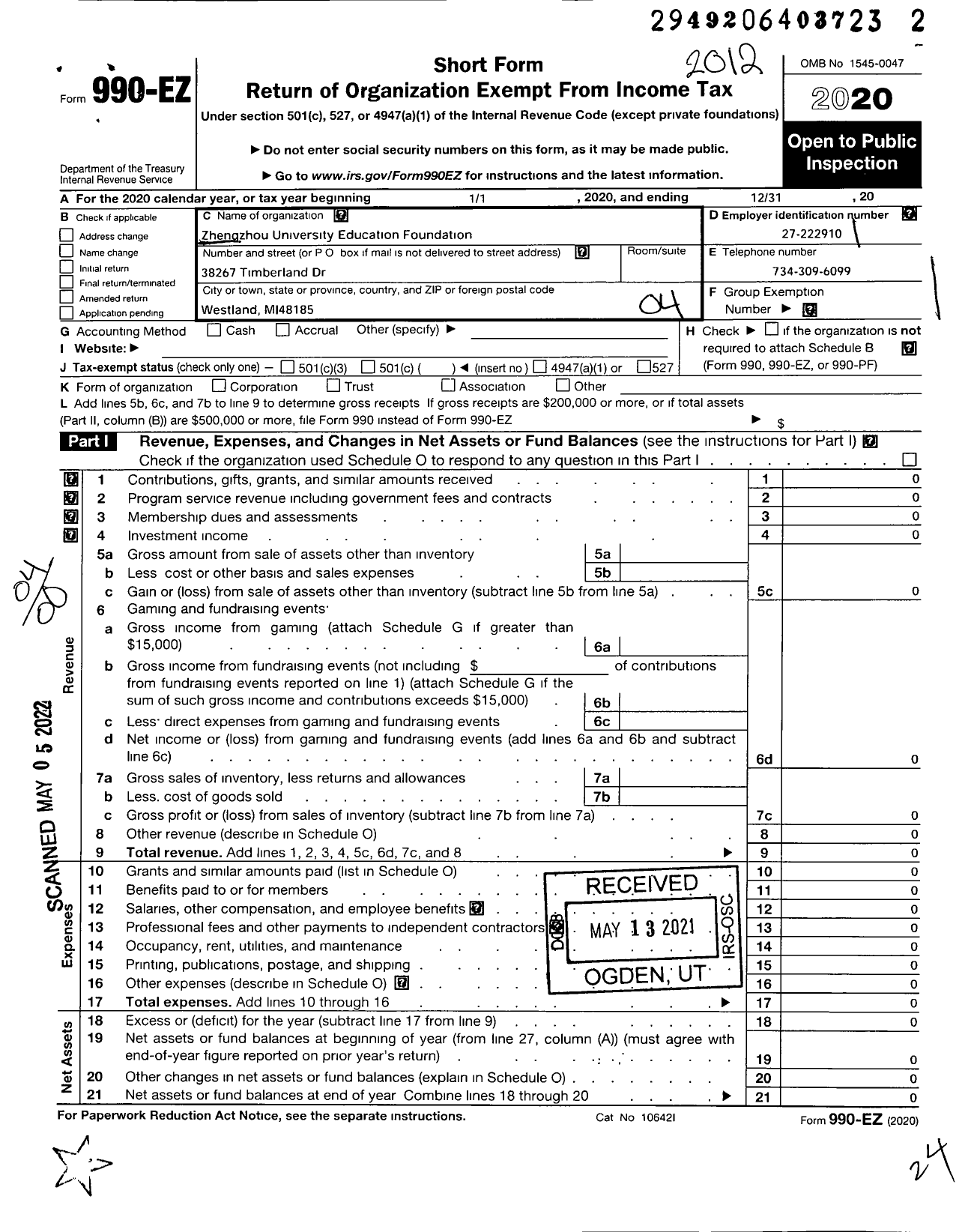 Image of first page of 2020 Form 990EO for Zhengzhou University Education Foundation