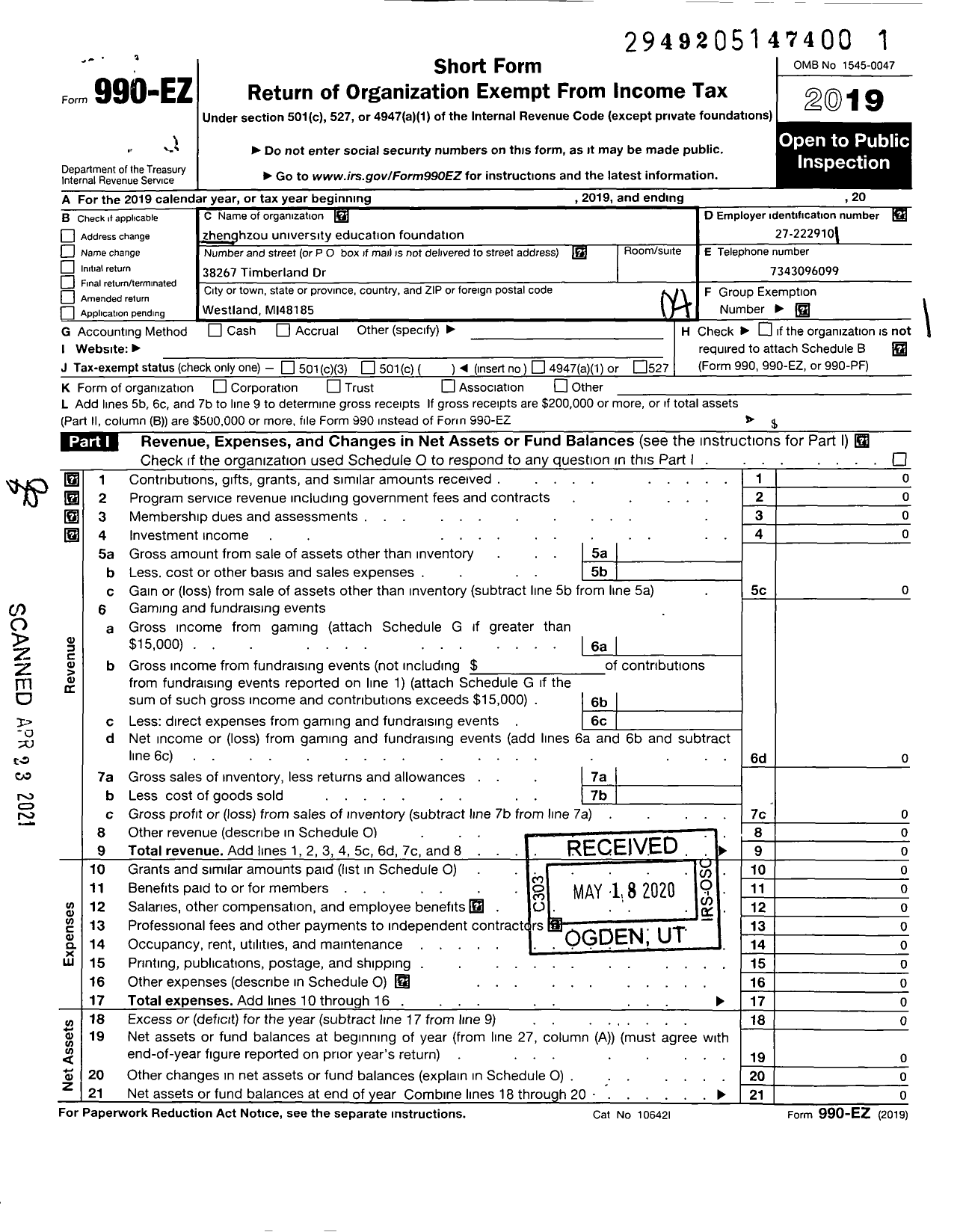 Image of first page of 2019 Form 990EO for Zhengzhou University Education Foundation