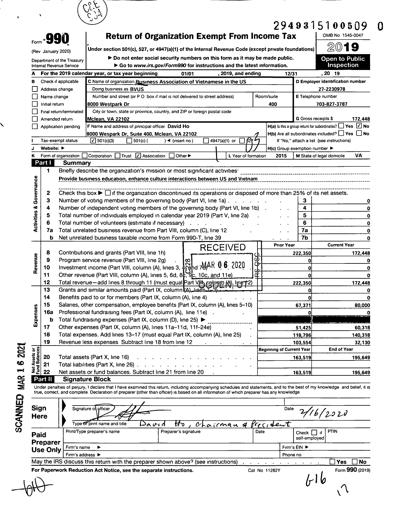 Image of first page of 2019 Form 990 for Business Association of Overseas Vietnamese US branch