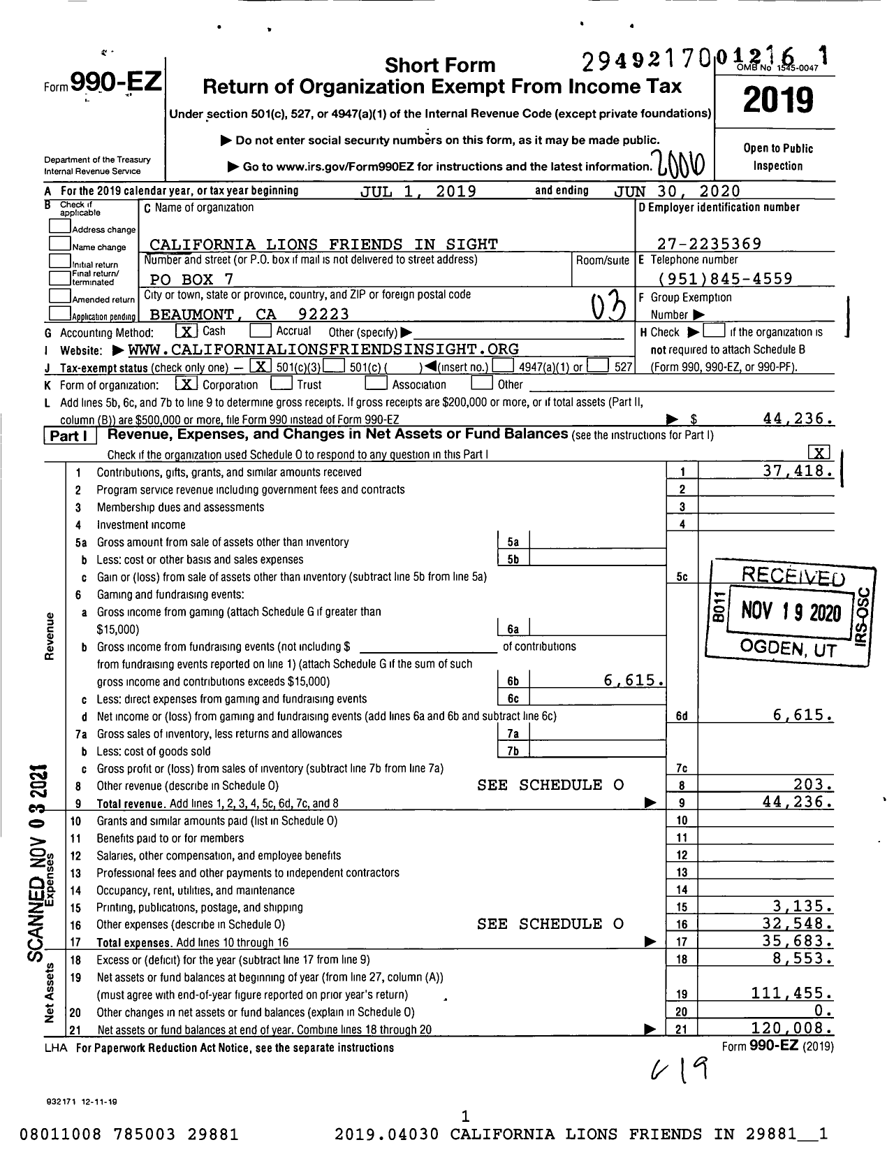 Image of first page of 2019 Form 990EZ for California Lions Friends in Sight