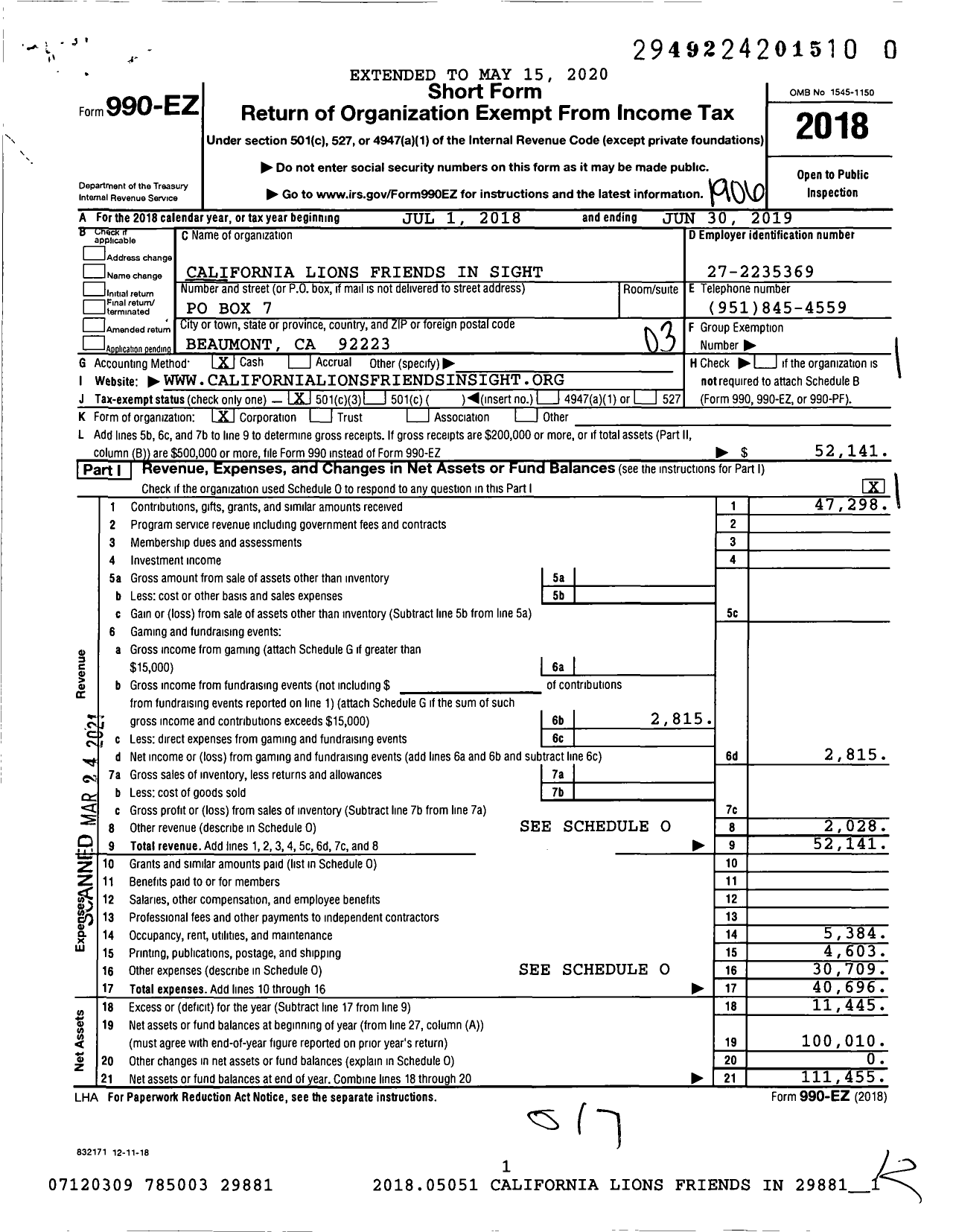 Image of first page of 2018 Form 990EZ for California Lions Friends in Sight