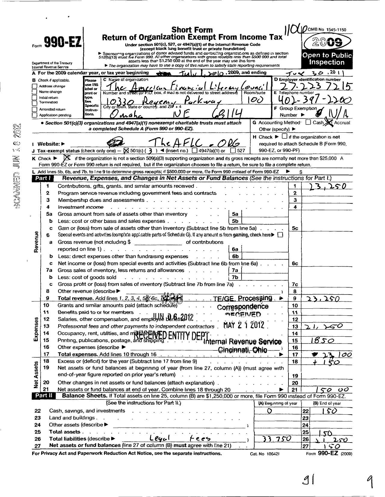 Image of first page of 2010 Form 990EZ for American Financial Literacy Council