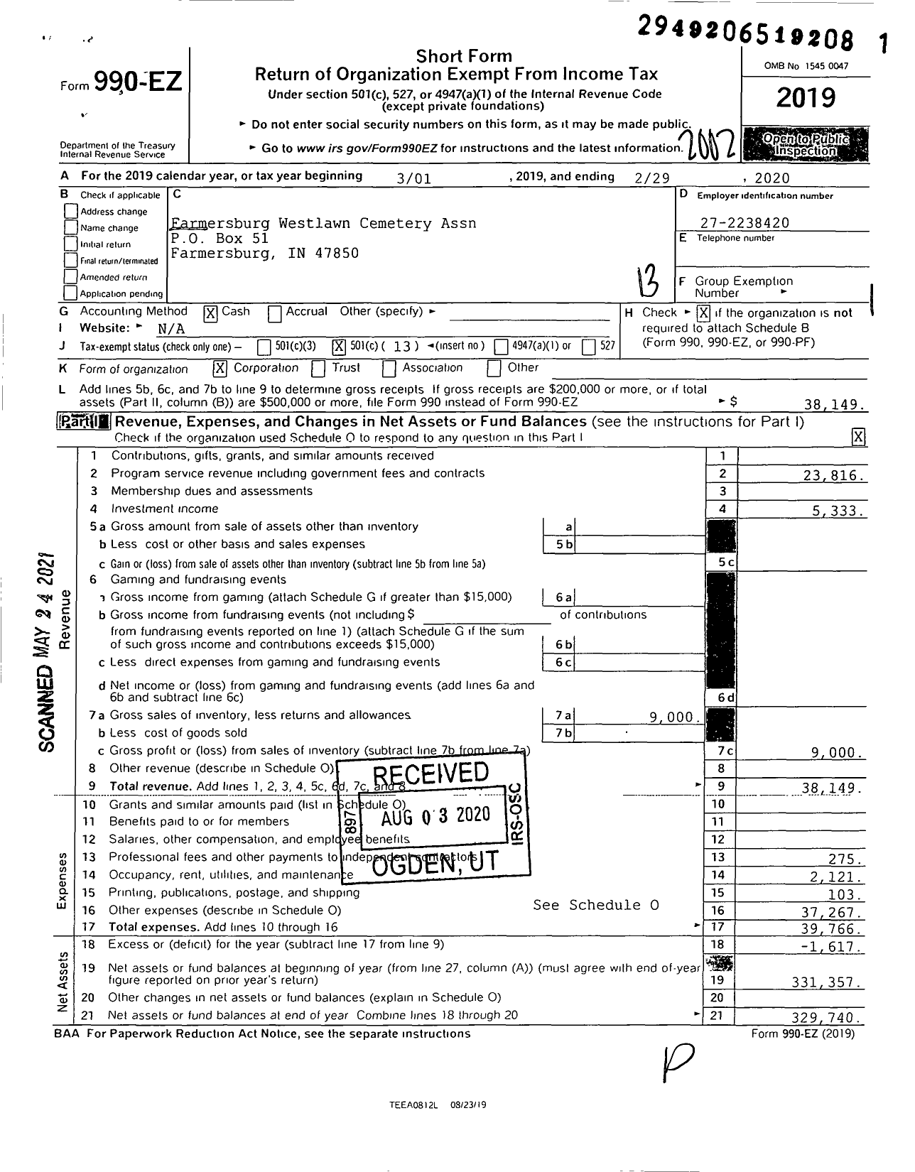 Image of first page of 2019 Form 990EO for Farmersburg Westlawn Cemetery Assn