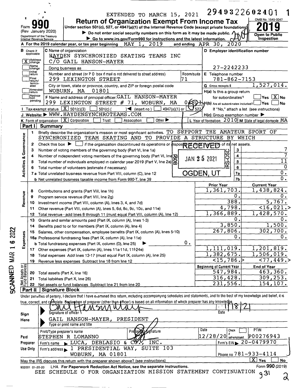 Image of first page of 2019 Form 990 for Hayden Synchronized Skating Teams