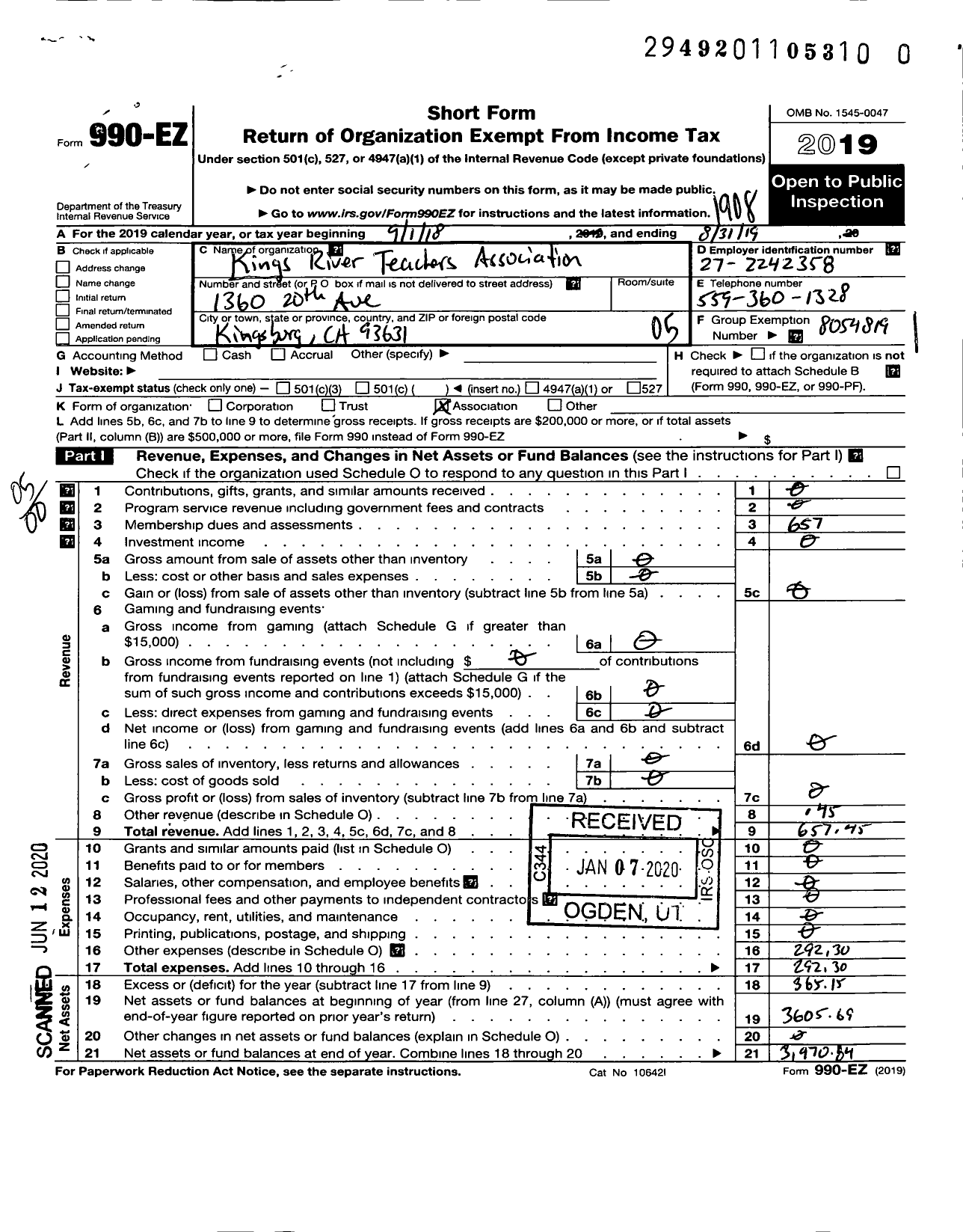 Image of first page of 2018 Form 990EO for California Teachers Association - Kings River Ta