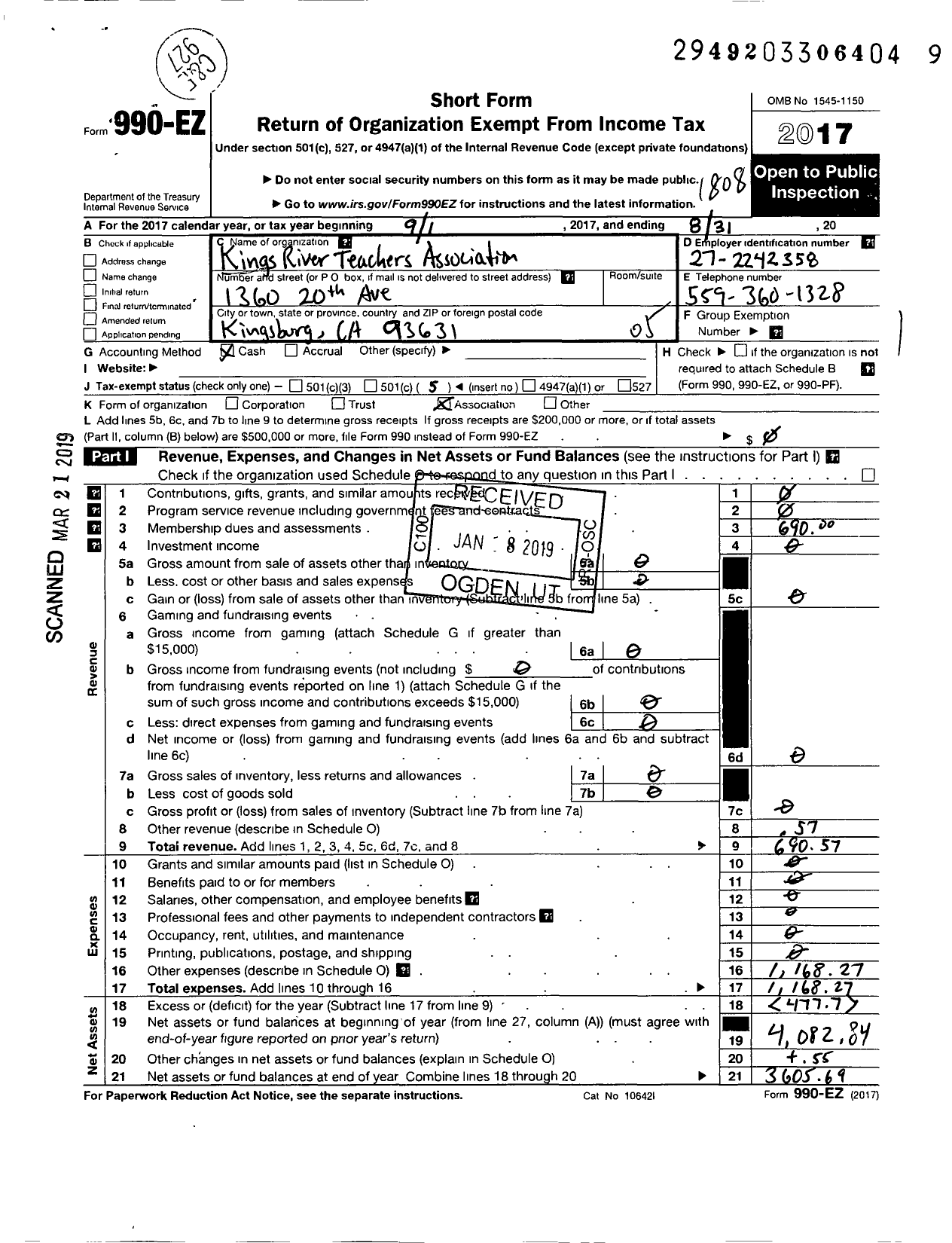 Image of first page of 2017 Form 990EO for California Teachers Association - Kings River Ta