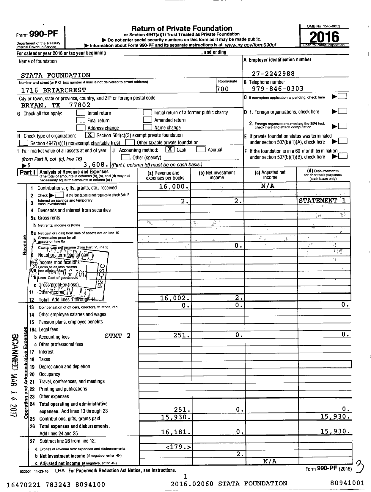 Image of first page of 2016 Form 990PF for Stata Foundation