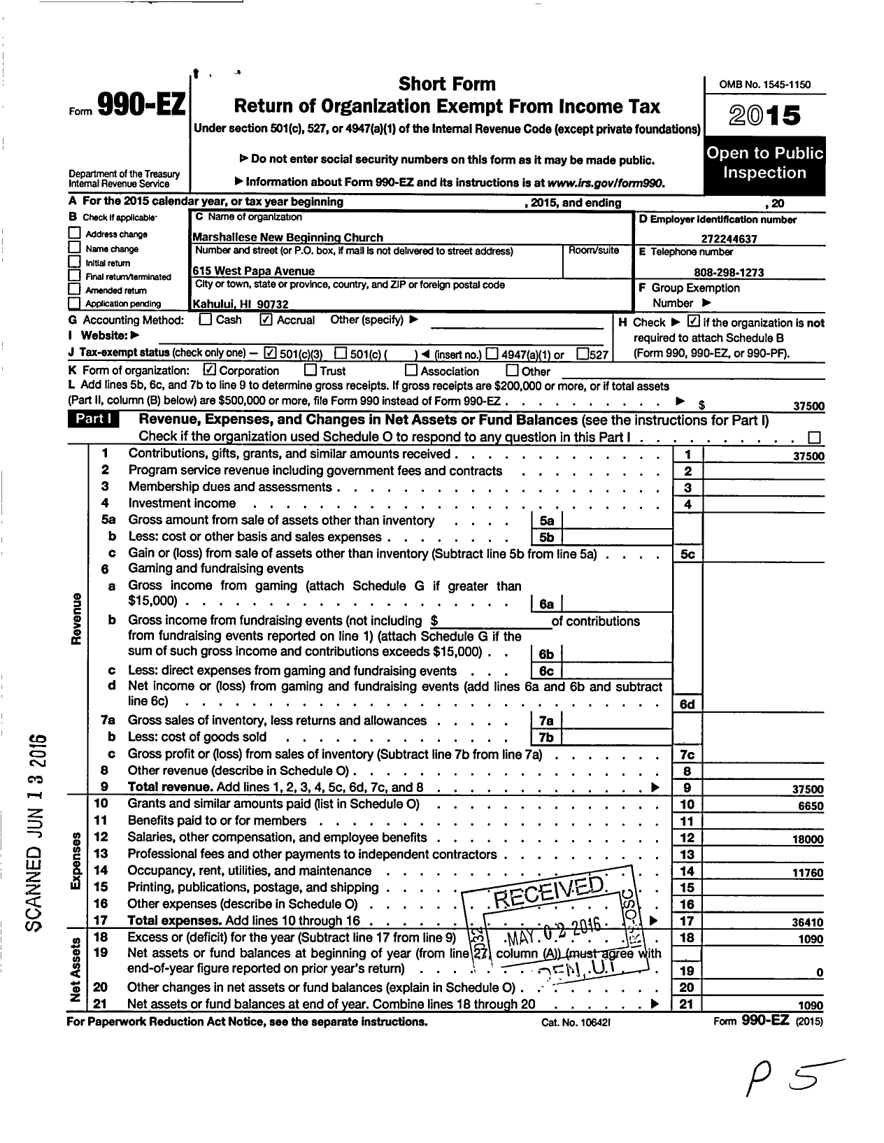 Image of first page of 2015 Form 990EZ for Marshallese New Beginning Church