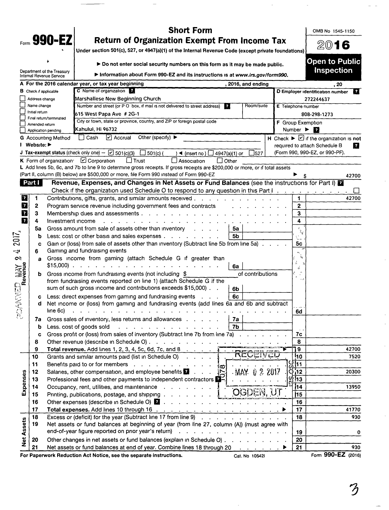 Image of first page of 2016 Form 990EZ for Marshallese New Beginning Church