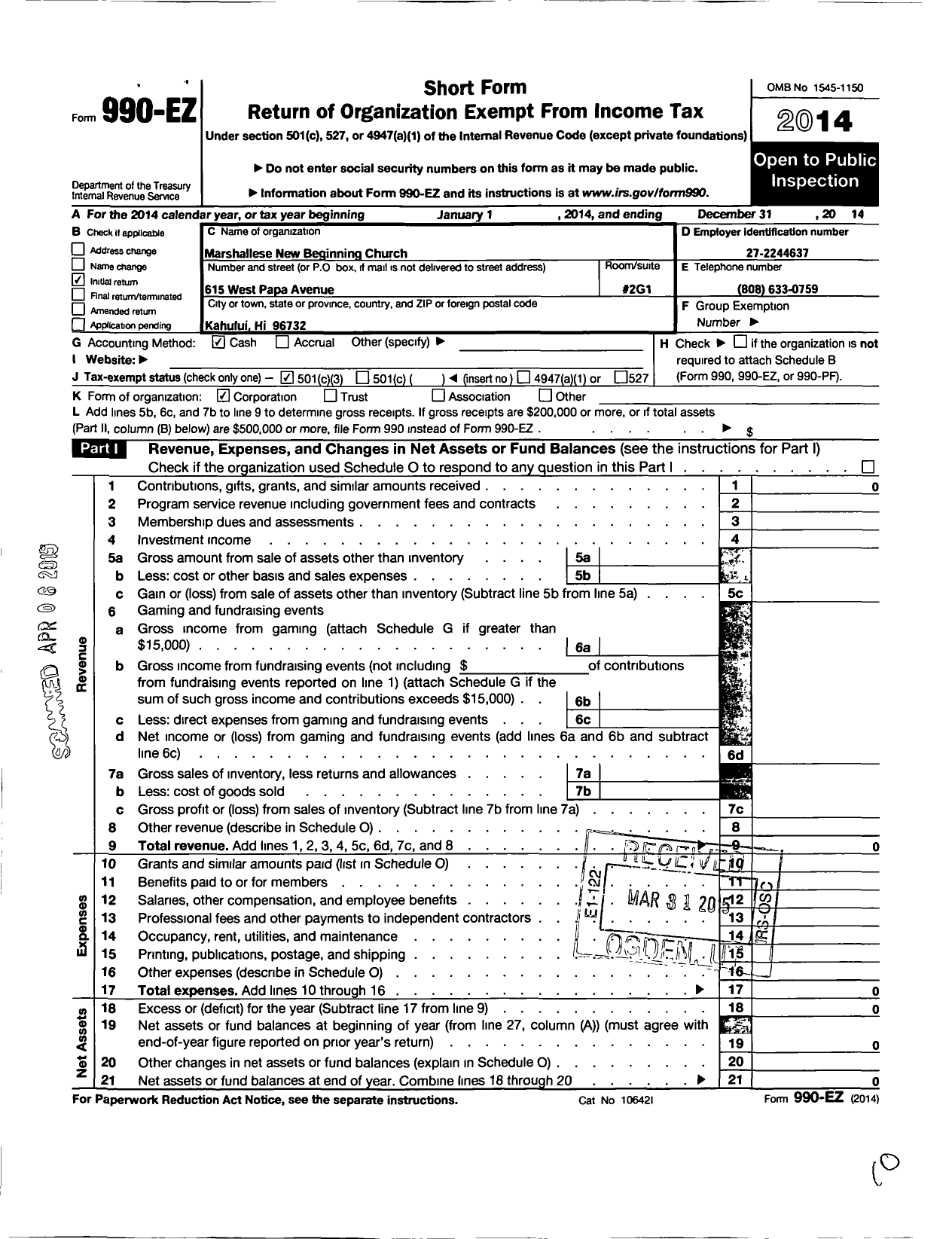 Image of first page of 2014 Form 990EZ for Marshallese New Beginning Church