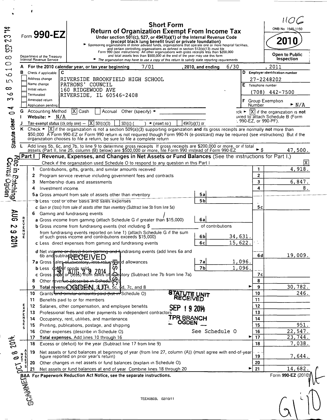 Image of first page of 2010 Form 990EZ for Riverside Brookfield High School Parent Teacher Organization