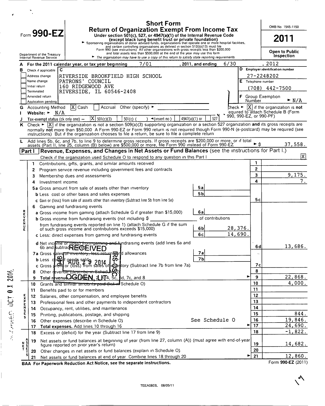 Image of first page of 2011 Form 990EZ for Riverside Brookfield High School Parent Teacher Organization