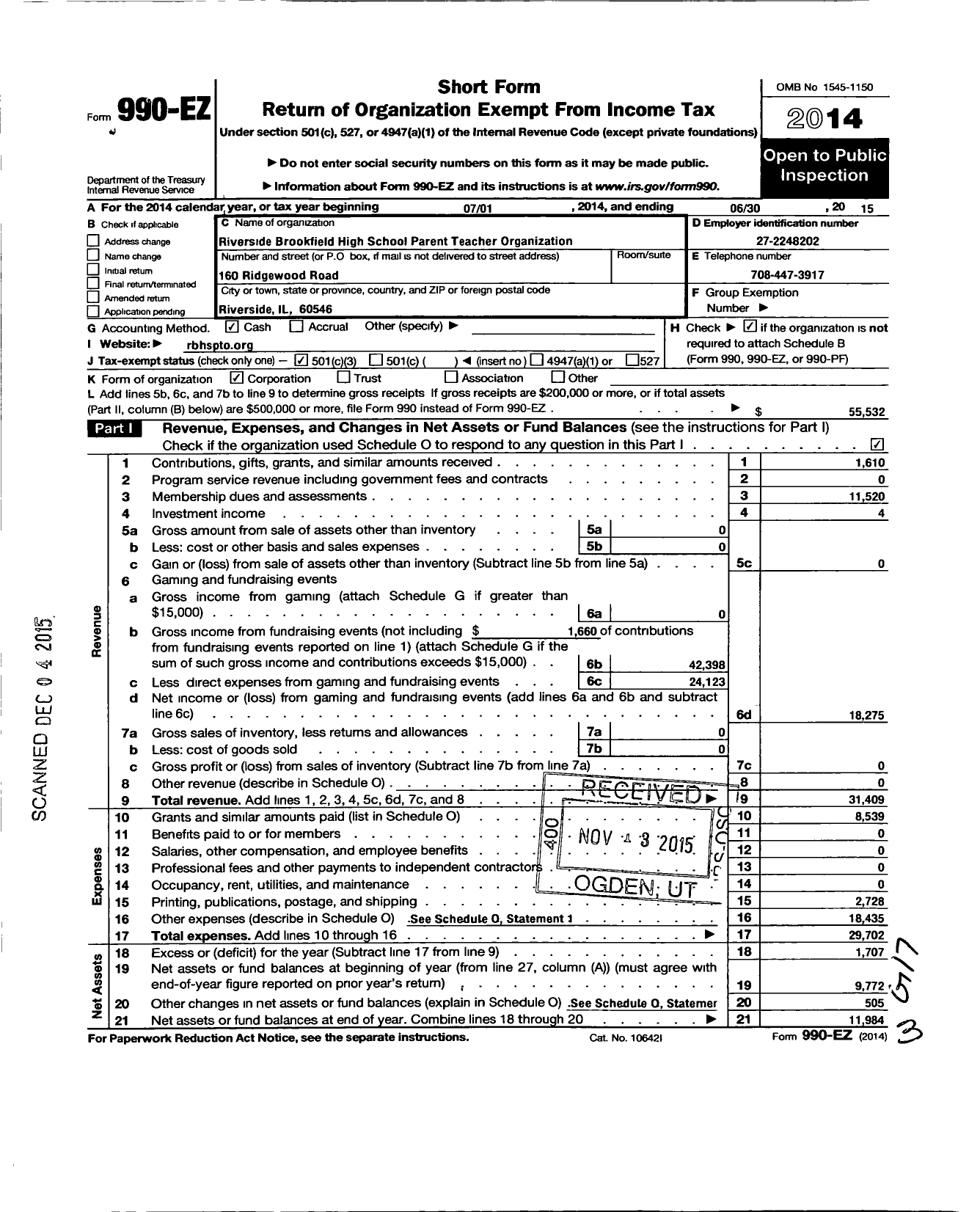 Image of first page of 2014 Form 990EZ for Riverside Brookfield High School Parent Teacher Organization