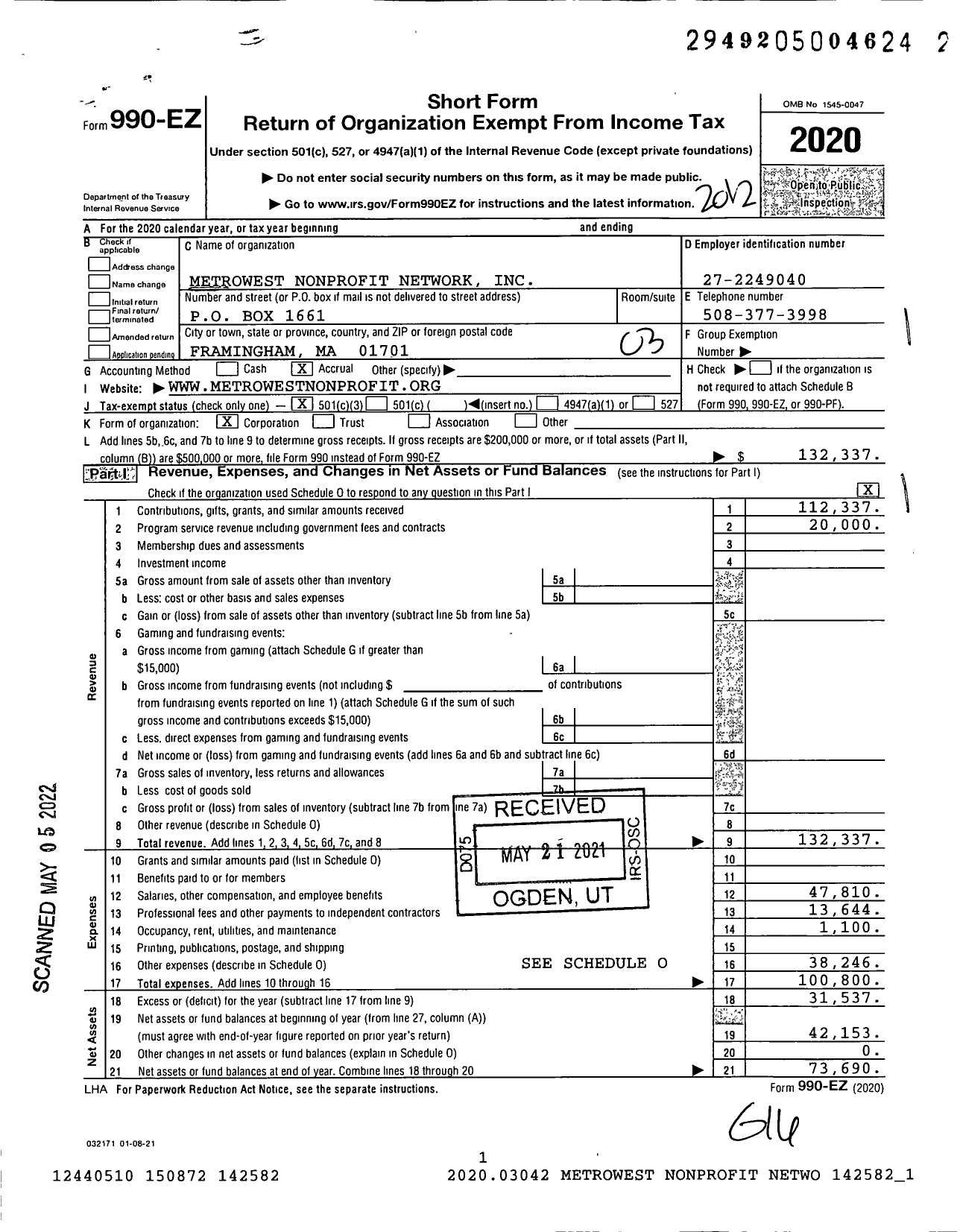 Image of first page of 2020 Form 990EZ for Metrowest Nonprofit Network