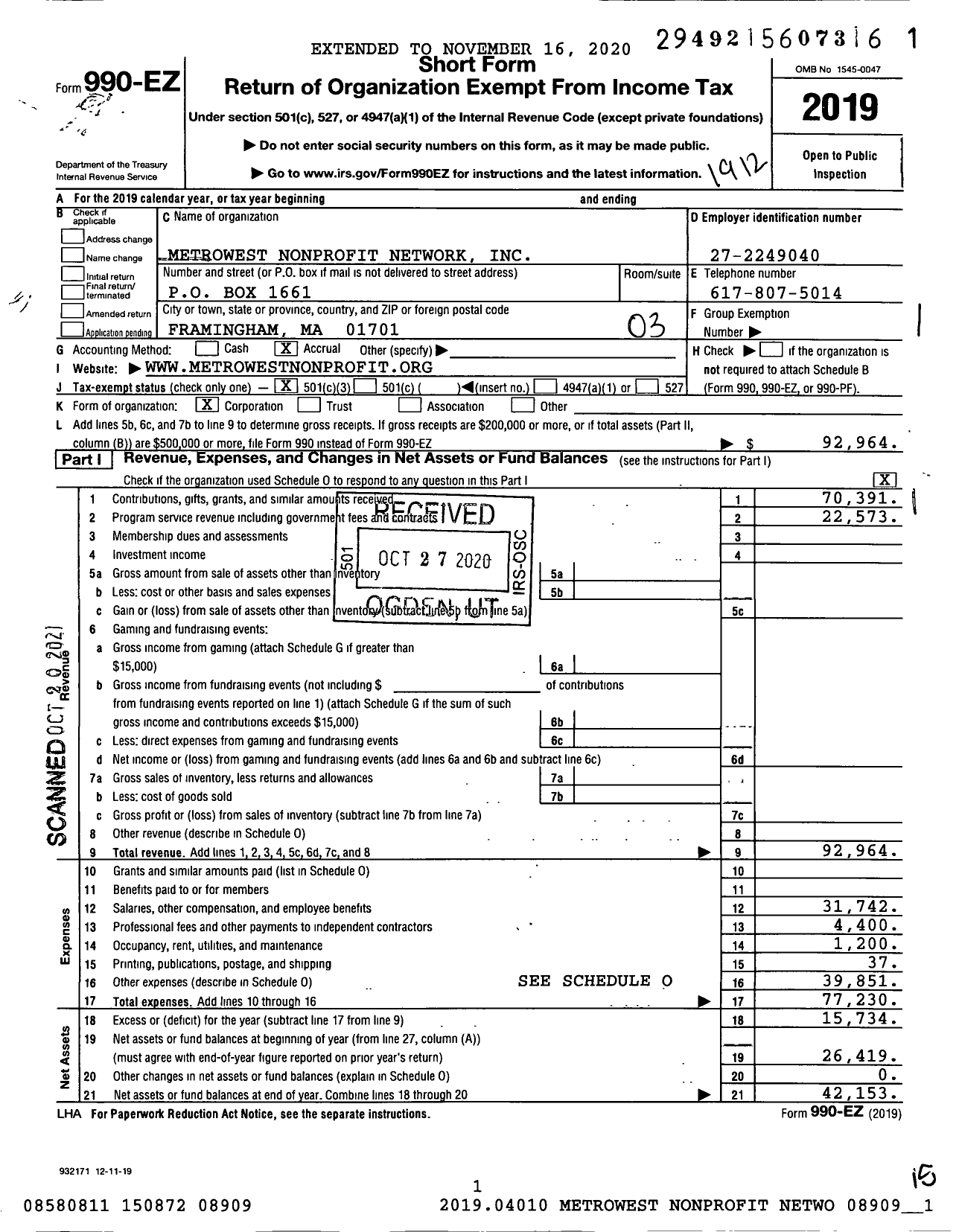 Image of first page of 2019 Form 990EZ for Metrowest Nonprofit Network