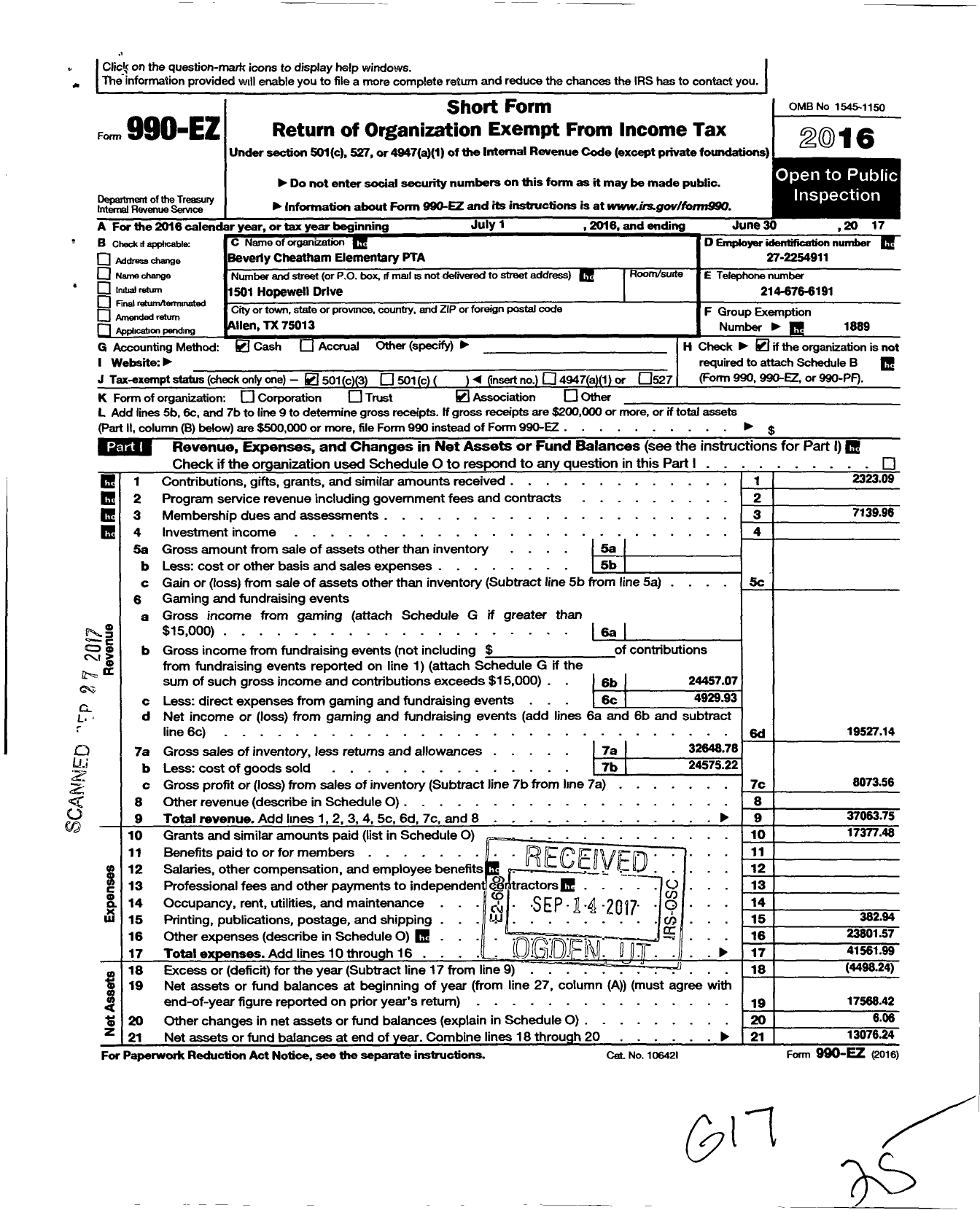 Image of first page of 2016 Form 990EZ for Texas PTA - Beverly Cheatham Elementary