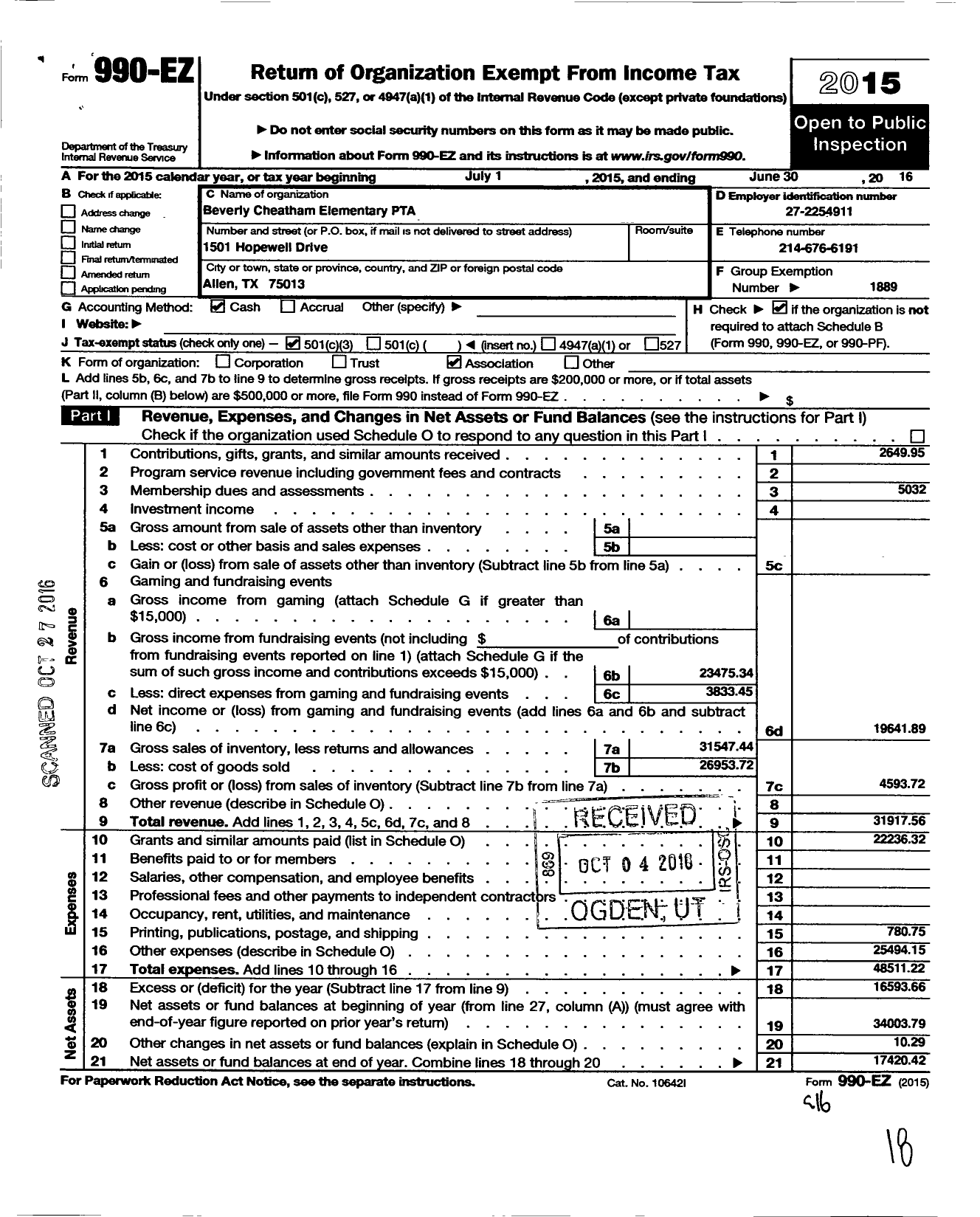 Image of first page of 2015 Form 990EZ for Texas PTA - Beverly Cheatham Elementary