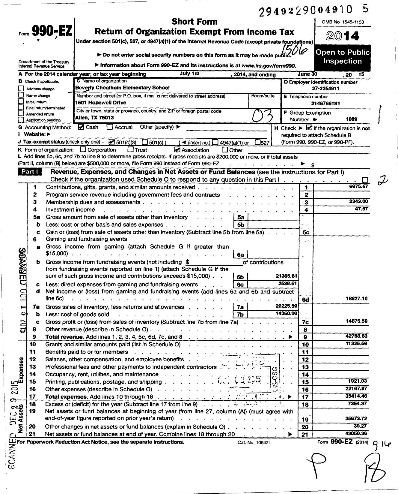 Image of first page of 2014 Form 990EZ for Texas PTA - Beverly Cheatham Elementary