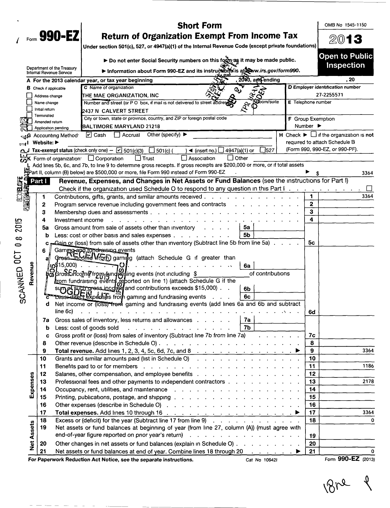 Image of first page of 2013 Form 990EZ for Mae Organization