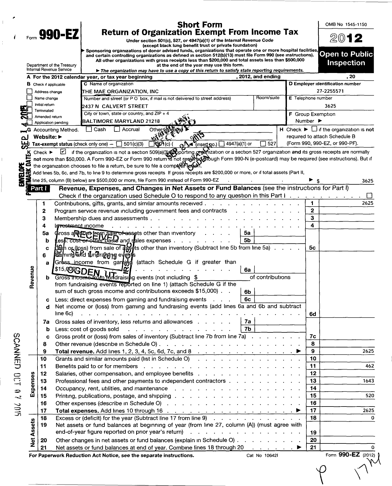 Image of first page of 2012 Form 990EO for Mae Organization