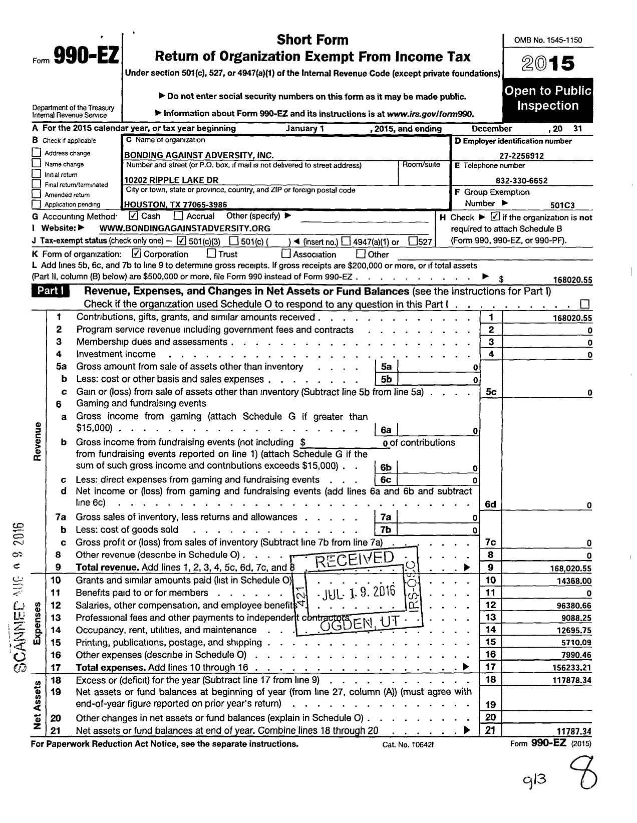 Image of first page of 2015 Form 990EZ for Bonding Against Adversity