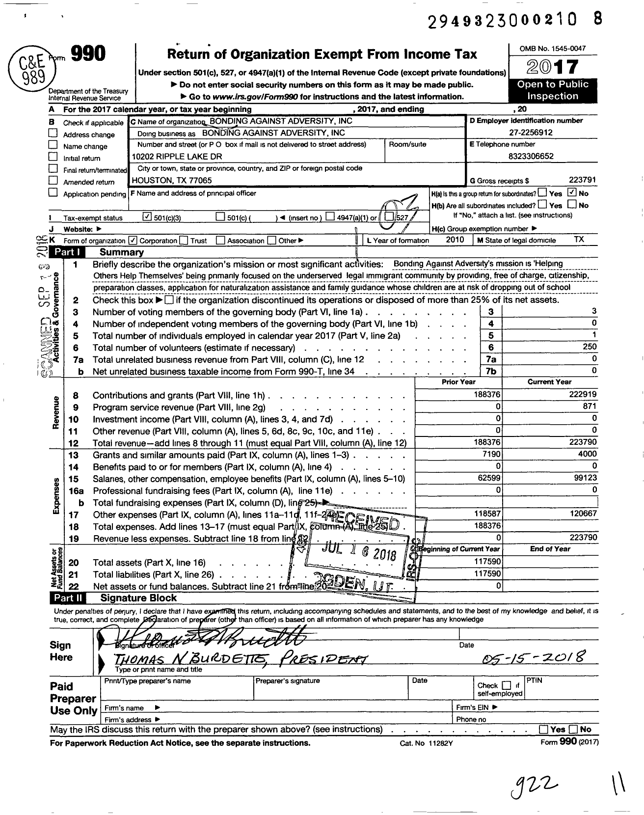 Image of first page of 2017 Form 990 for Bonding Against Adversity