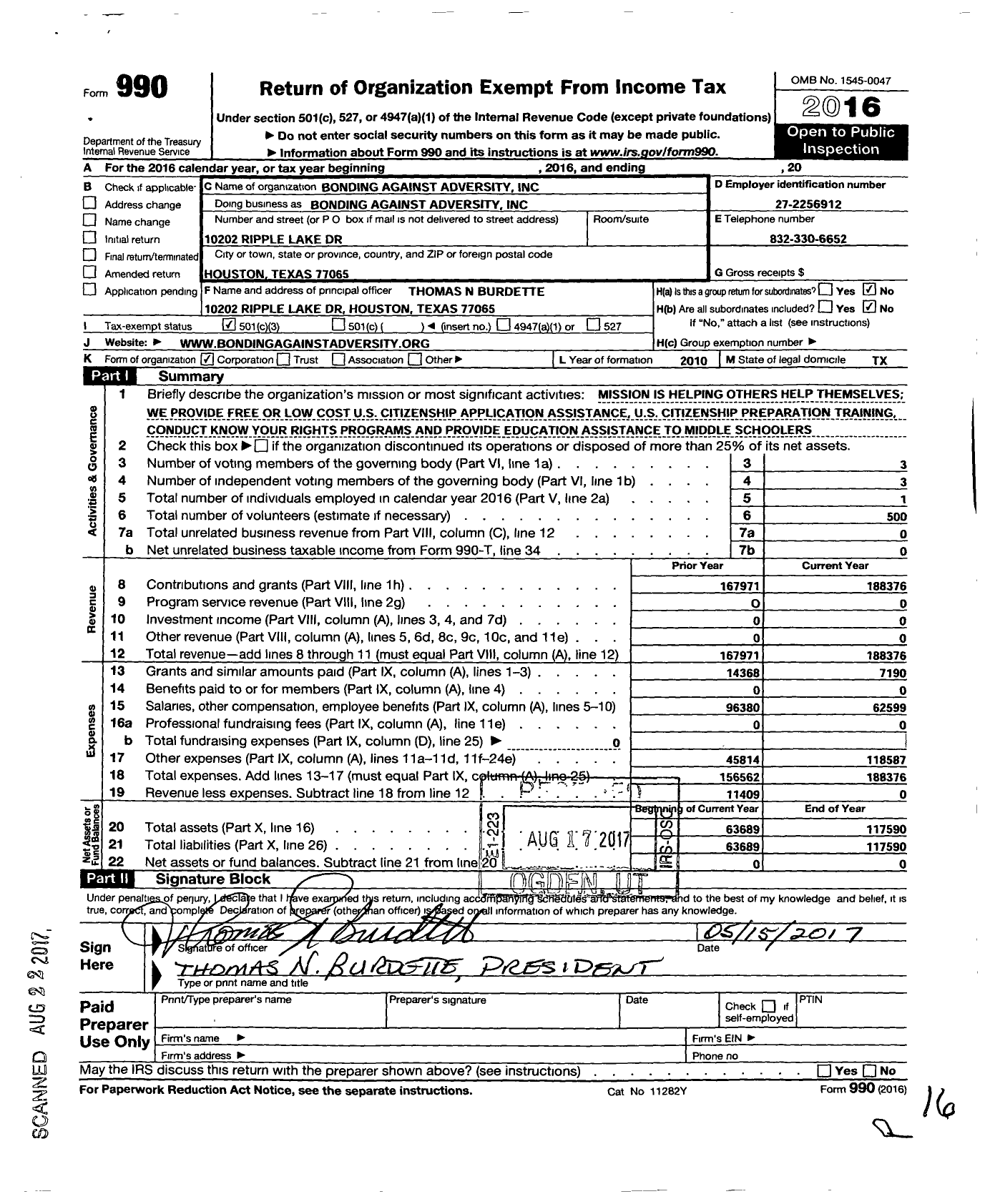 Image of first page of 2016 Form 990 for Bonding Against Adversity