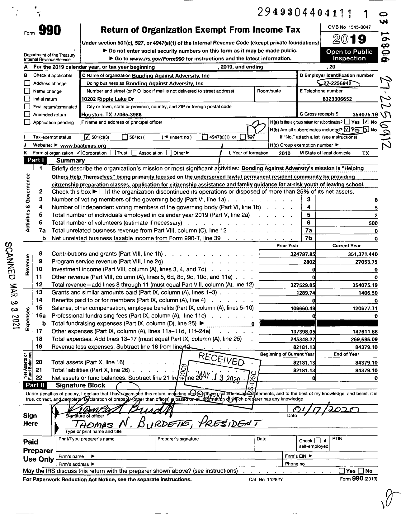 Image of first page of 2019 Form 990 for Bonding Against Adversity