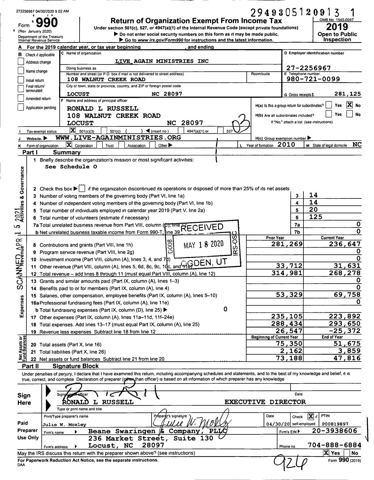 Image of first page of 2019 Form 990 for Live Again Ministries