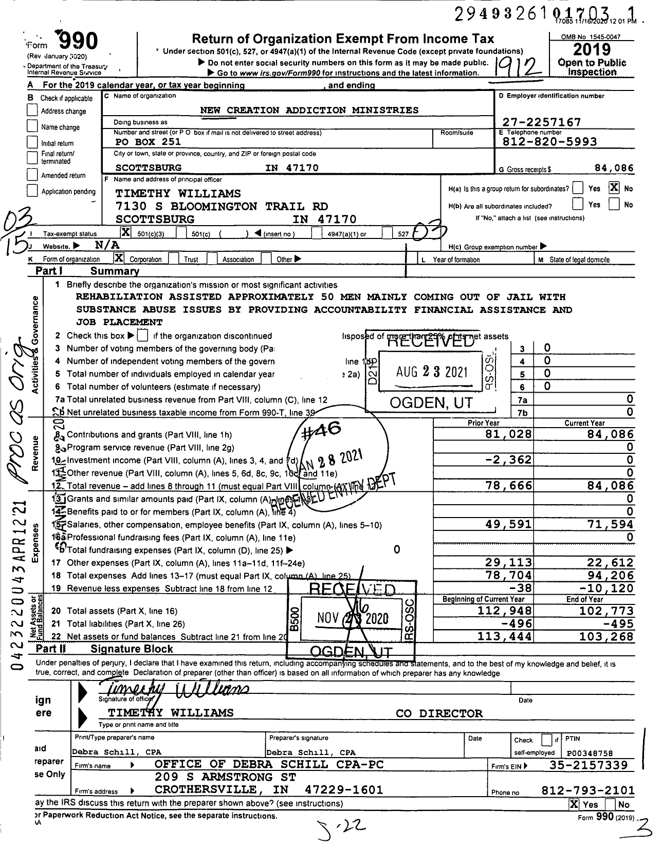 Image of first page of 2019 Form 990 for New Creation Addiction Ministries