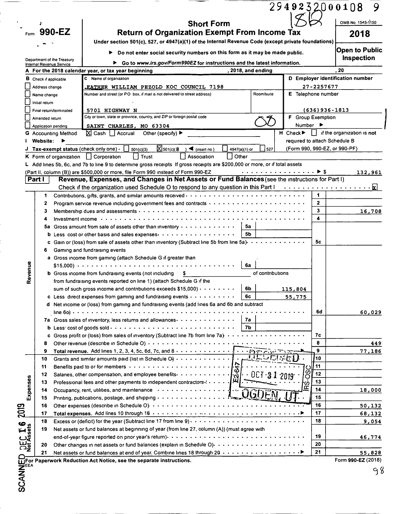 Image of first page of 2018 Form 990EO for Knights of Columbus - 7198 FR William Pezold Council