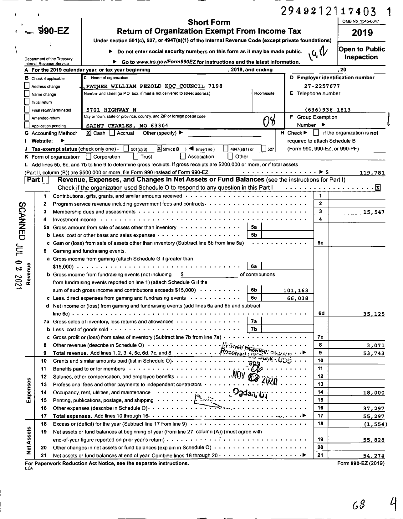 Image of first page of 2019 Form 990EO for Knights of Columbus - 7198 FR William Pezold Council