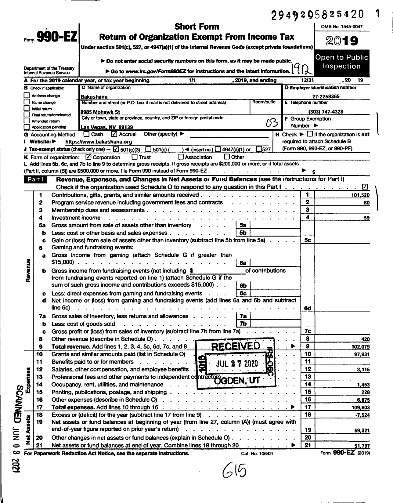 Image of first page of 2019 Form 990EZ for Bakashana