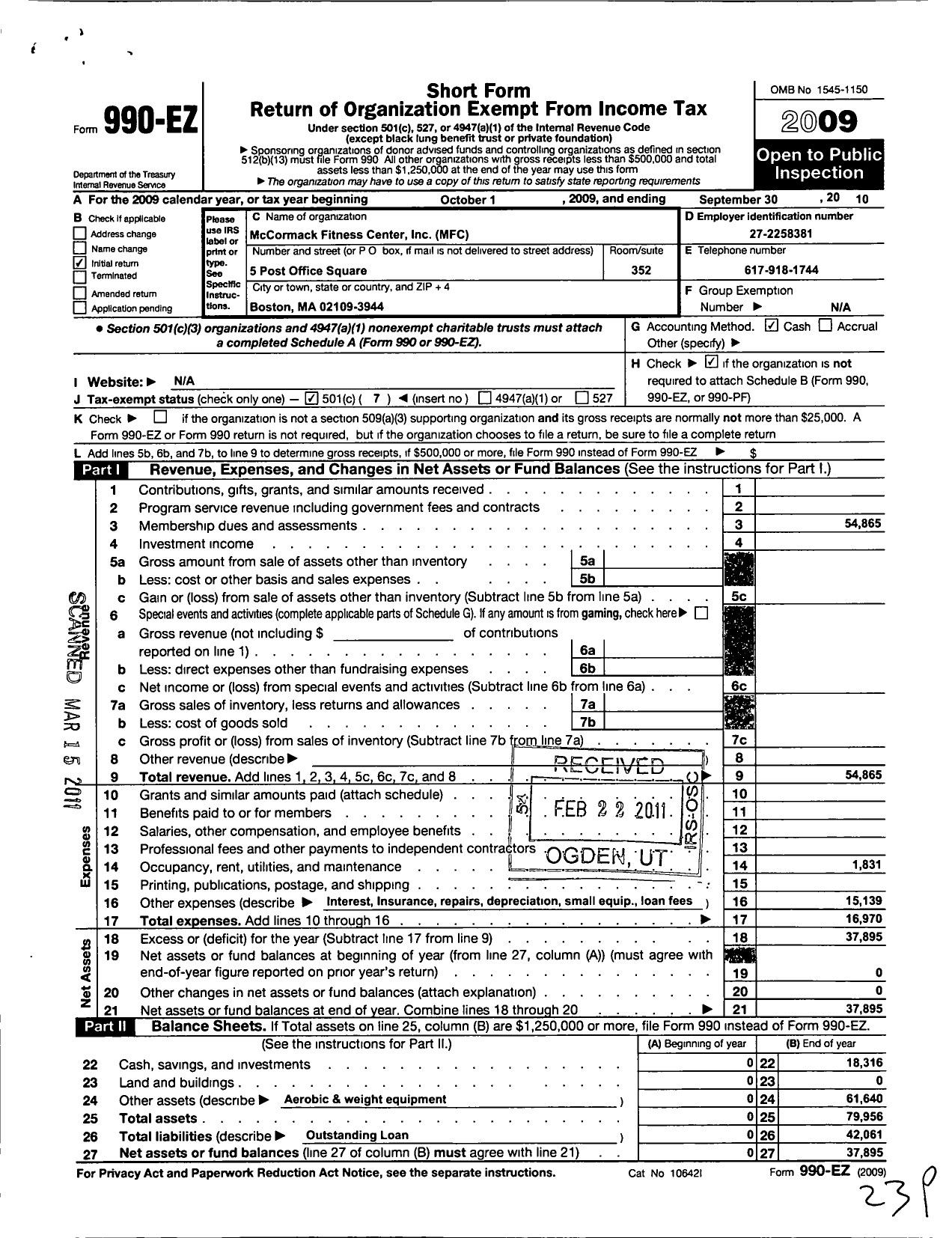 Image of first page of 2009 Form 990EO for Mccormack Fitness Center (MFC)