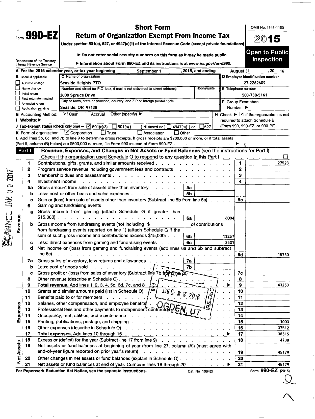 Image of first page of 2015 Form 990EZ for Pacific Ridge Elementary Pto