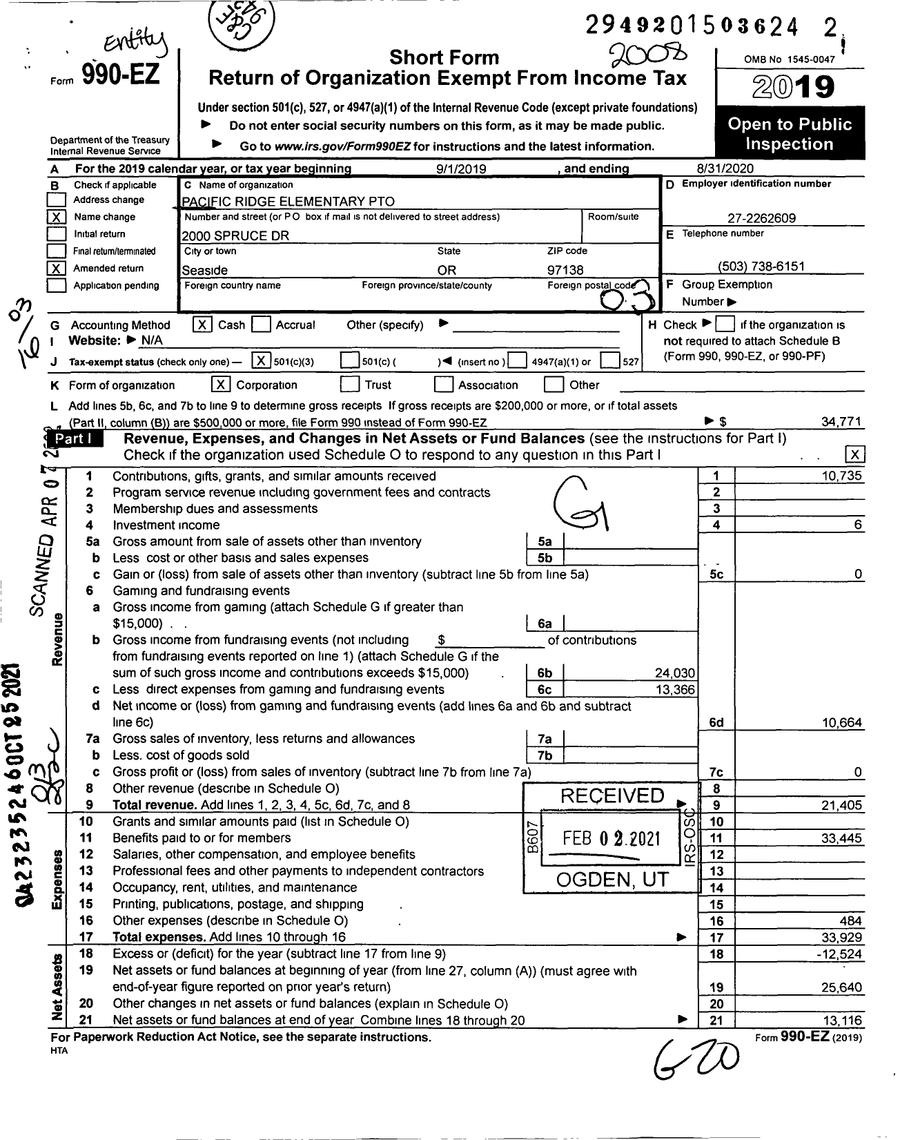 Image of first page of 2019 Form 990EZ for Pacific Ridge Elementary Pto