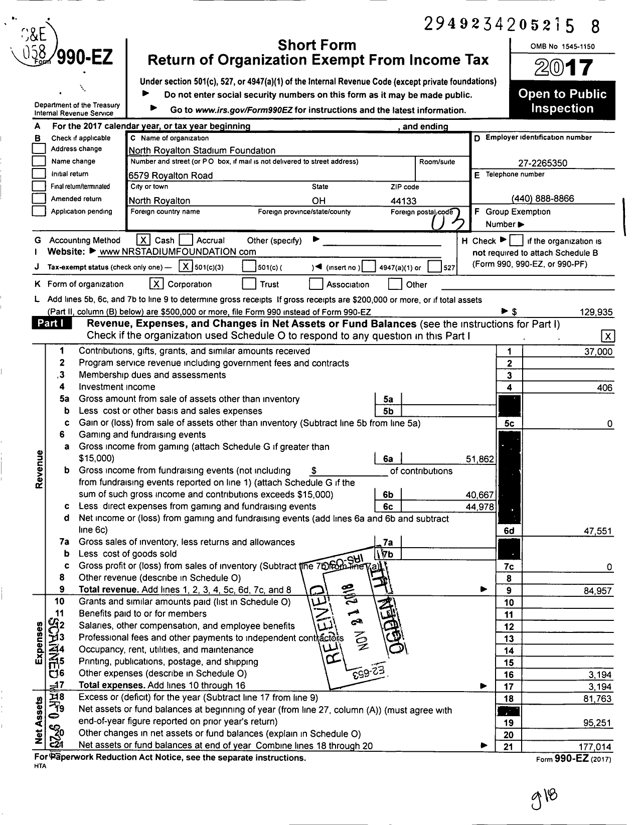 Image of first page of 2017 Form 990EZ for North Royalton Stadium Foundation