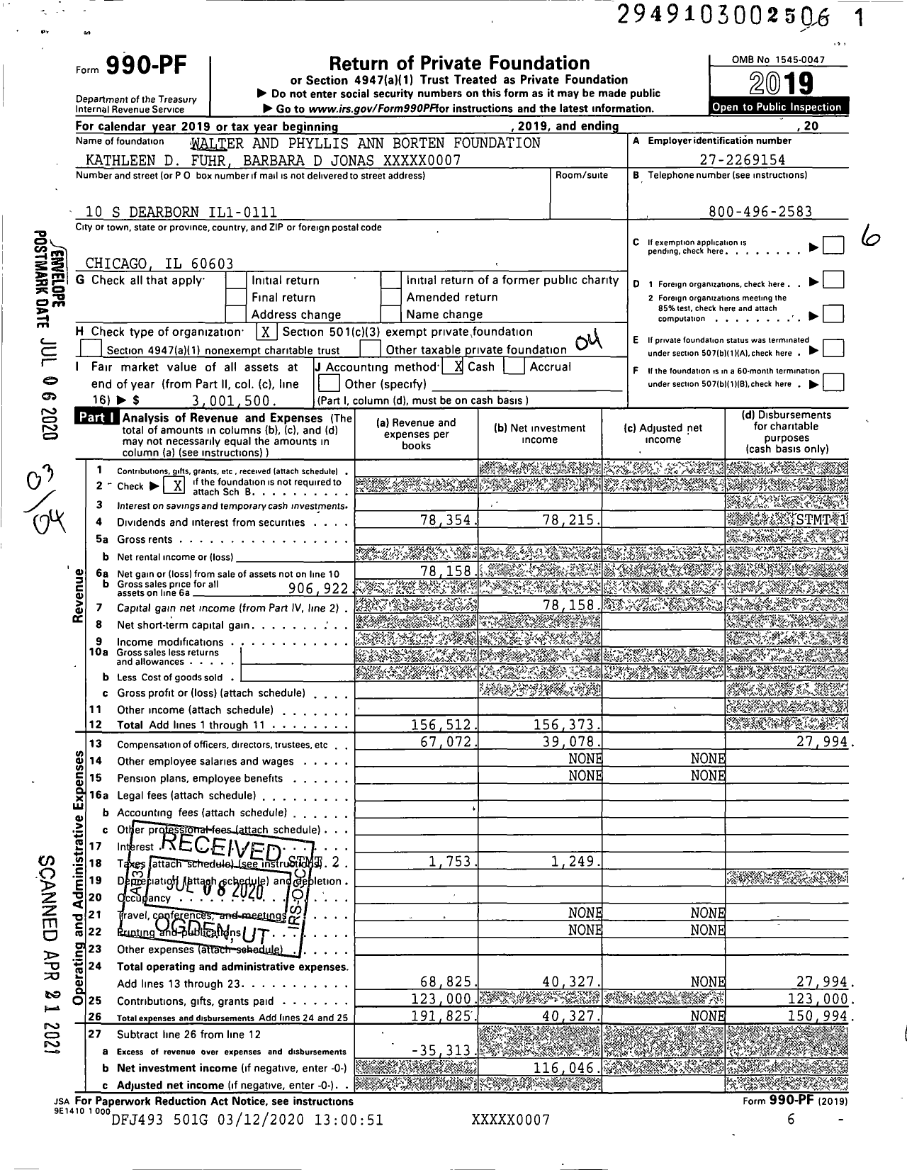 Image of first page of 2019 Form 990PF for Walter and Phyllis Ann Borten Foundation