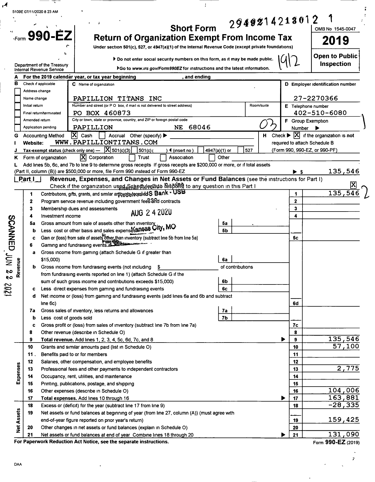 Image of first page of 2019 Form 990EZ for Papillion Titans