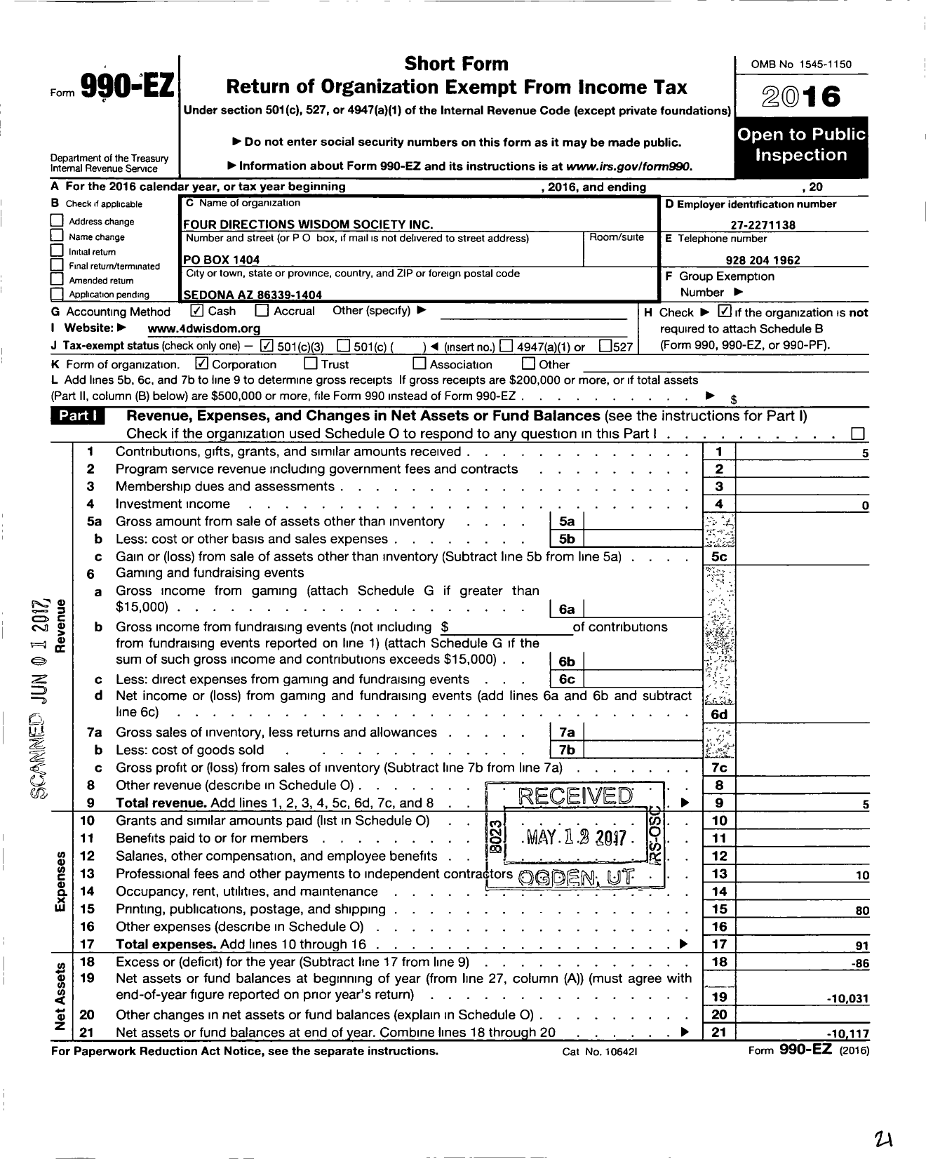 Image of first page of 2016 Form 990EZ for Four Directions Wisdom Society