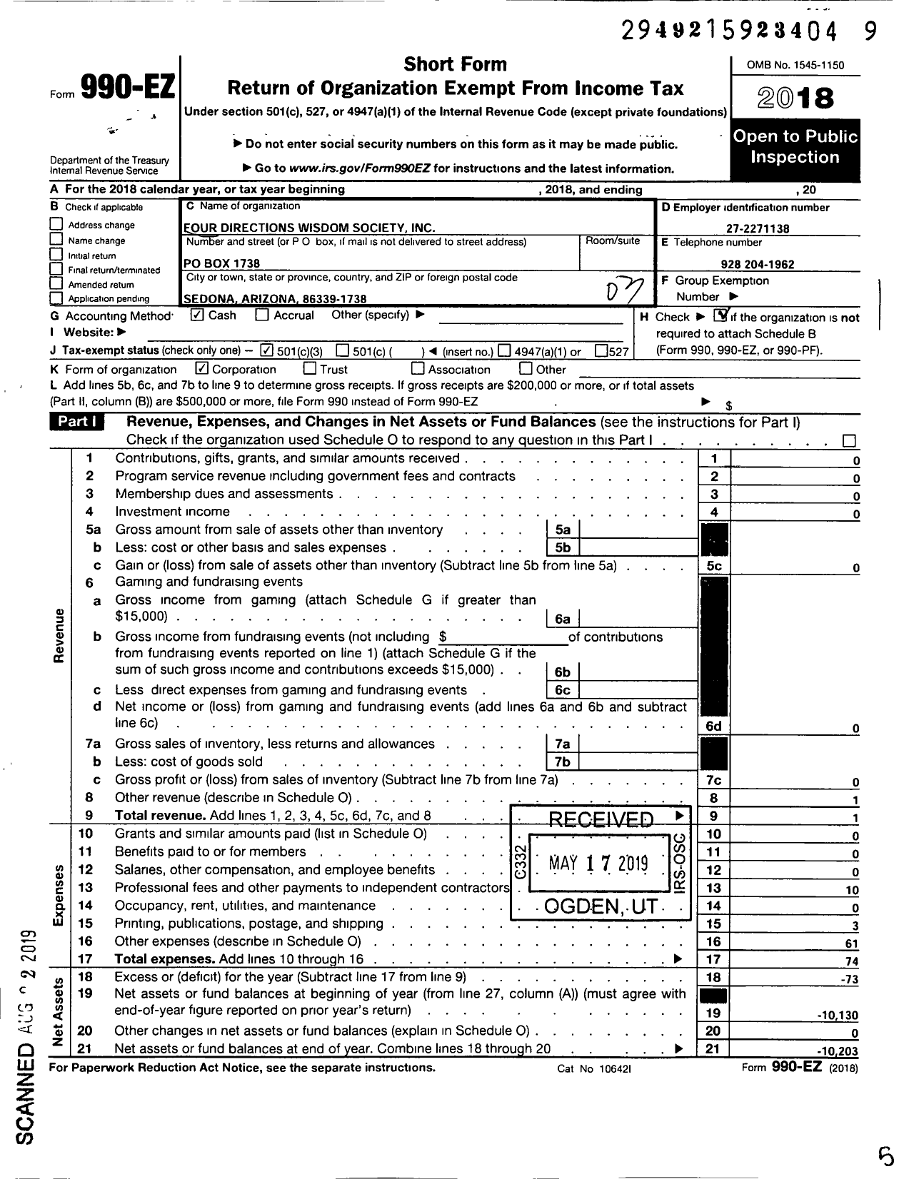 Image of first page of 2018 Form 990EZ for Four Directions Wisdom Society