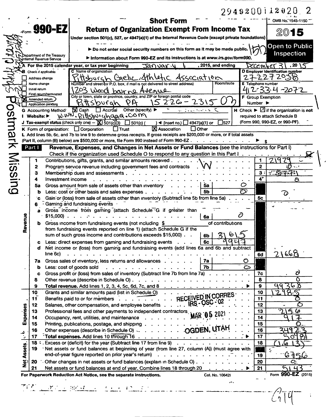 Image of first page of 2015 Form 990EZ for Pittsburgh Gaelic Athletic Association